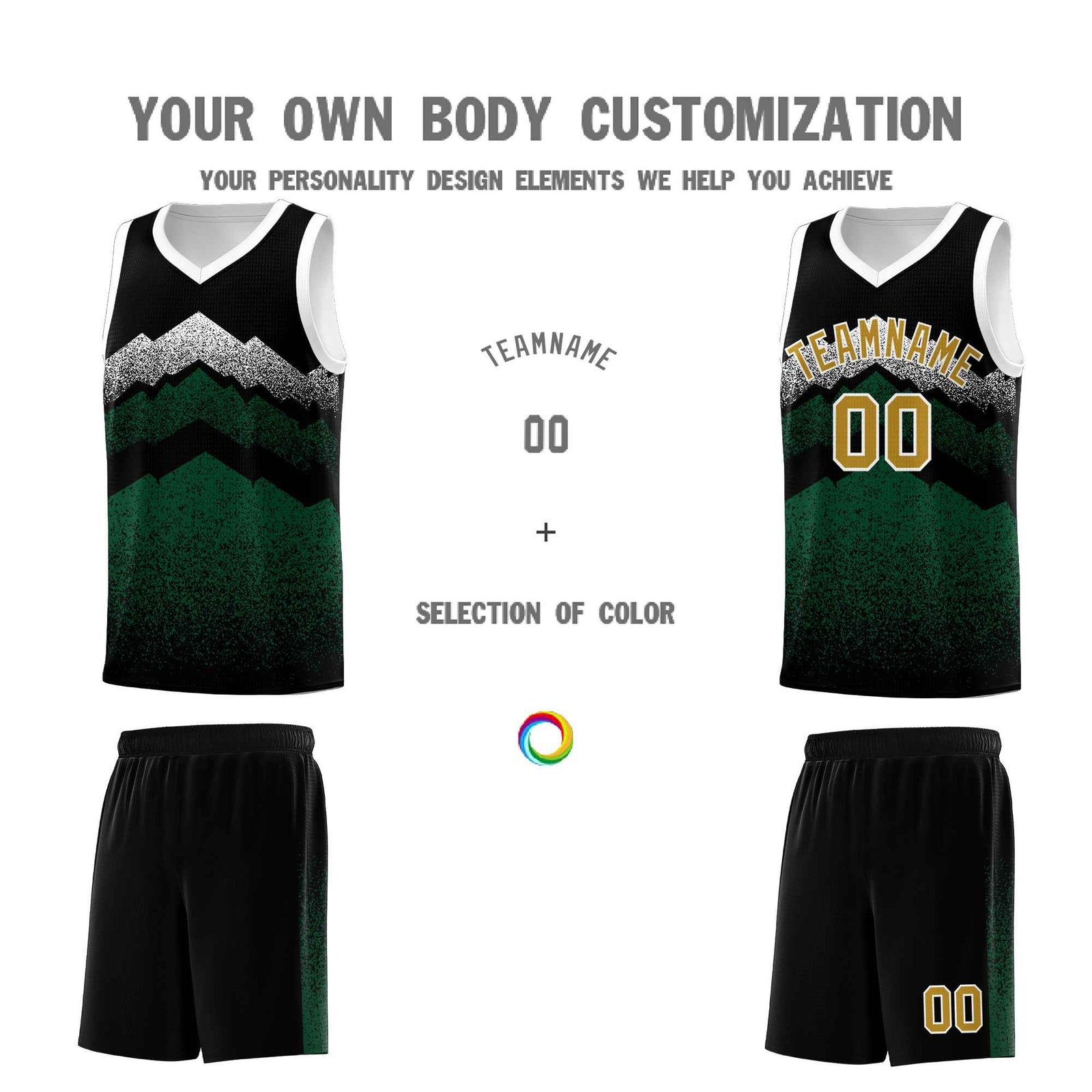 Personalized Youth Basketball Jerseys   Black Green Gradient Mountain Design Uniforms