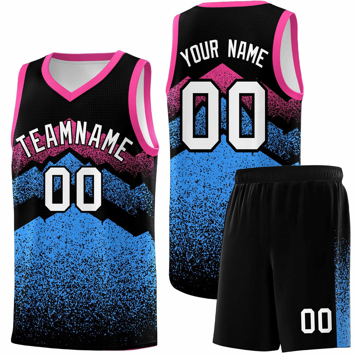 Custom Youth Basketball Jerseys Black Powder Blue Gradient Mountain Design Uniforms