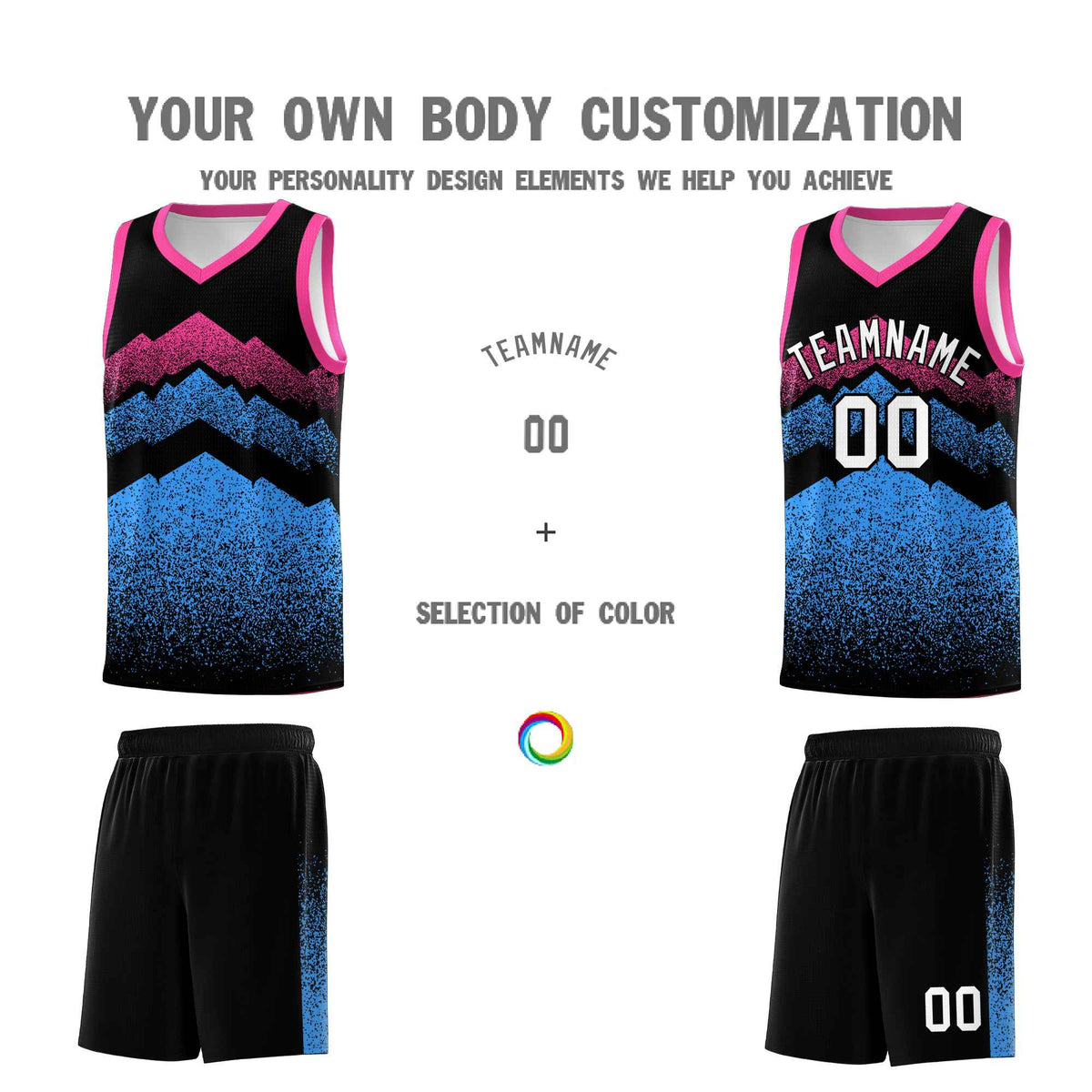Custom Youth Basketball Jerseys Black Powder Blue Gradient Mountain Design Uniforms