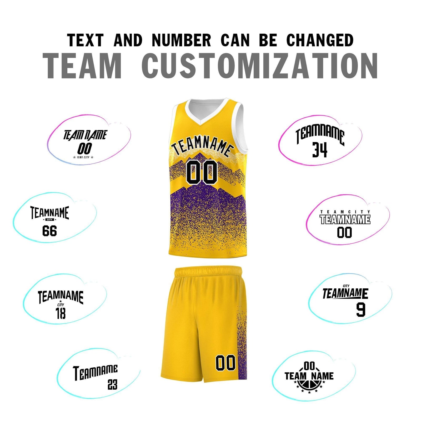 Custom Youth Basketball Jerseys Gold Purple Gradient Mountain Design Uniforms