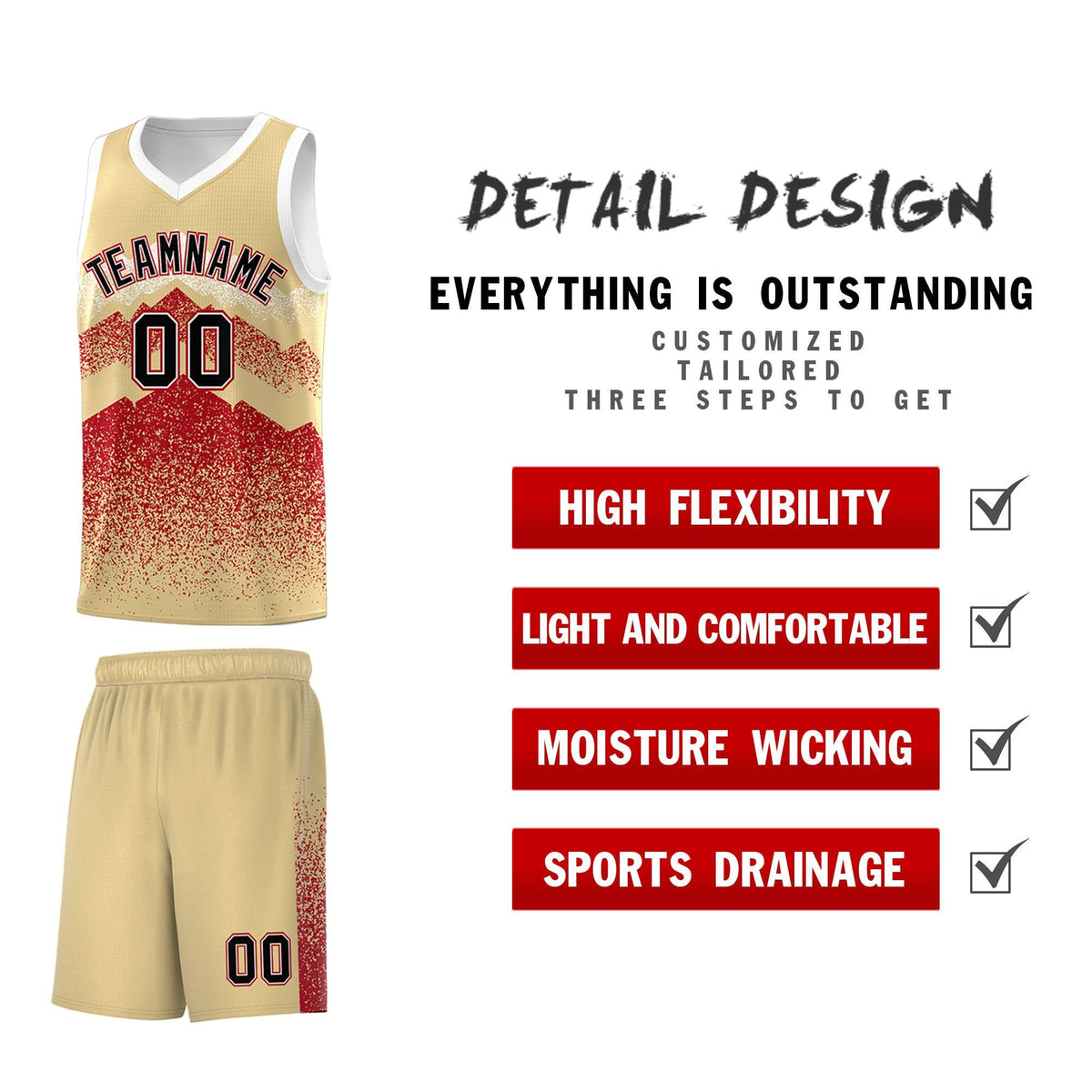 Custom Youth Basketball Jerseys Khaki Red Gradient Mountain Design Uniforms
