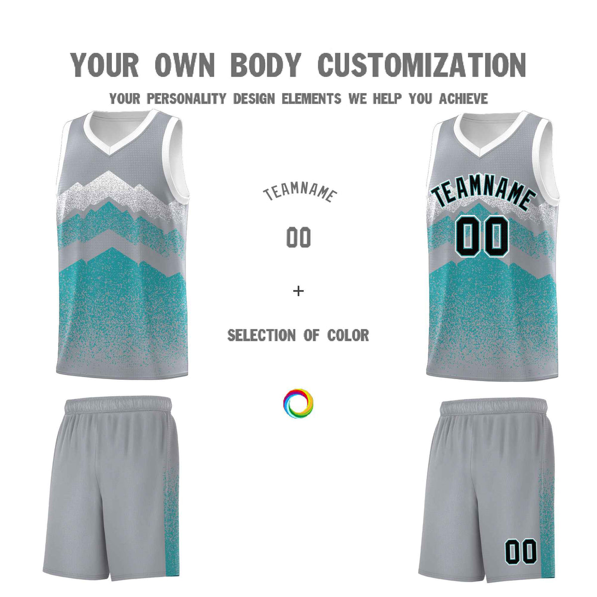 Personalized Youth Basketball Jerseys   Silver Teal Gradient Mountain Design Uniforms