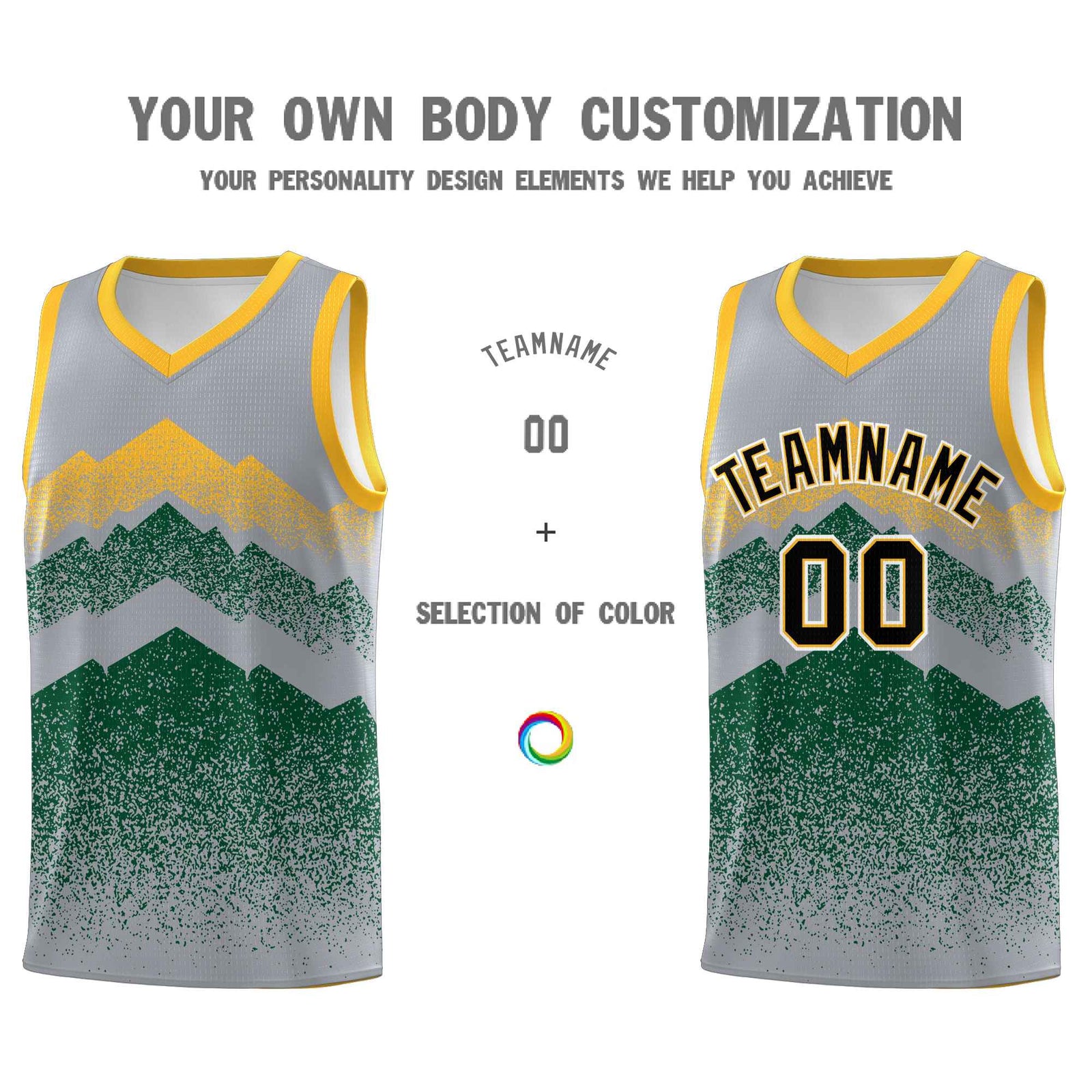 Personalized Youth Basketball Jerseys   Gray Green Gradient Mountain Design Uniforms
