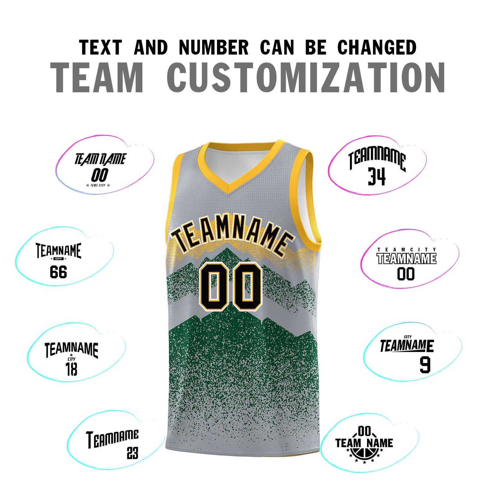 Personalized Youth Basketball Jerseys   Gray Green Gradient Mountain Design Uniforms