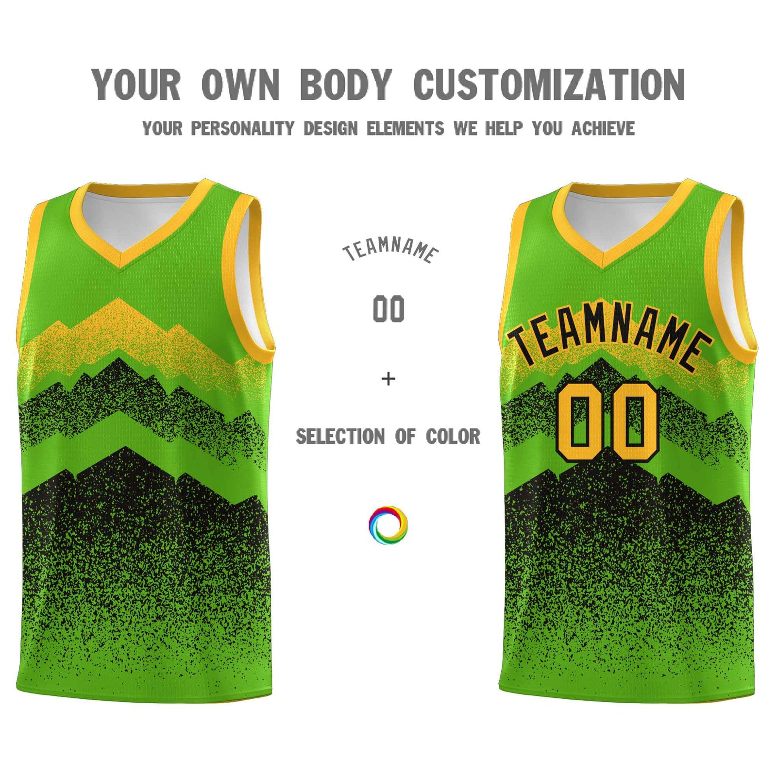 Custom Youth Basketball Jerseys Green Black Gradient Mountain Design Uniforms