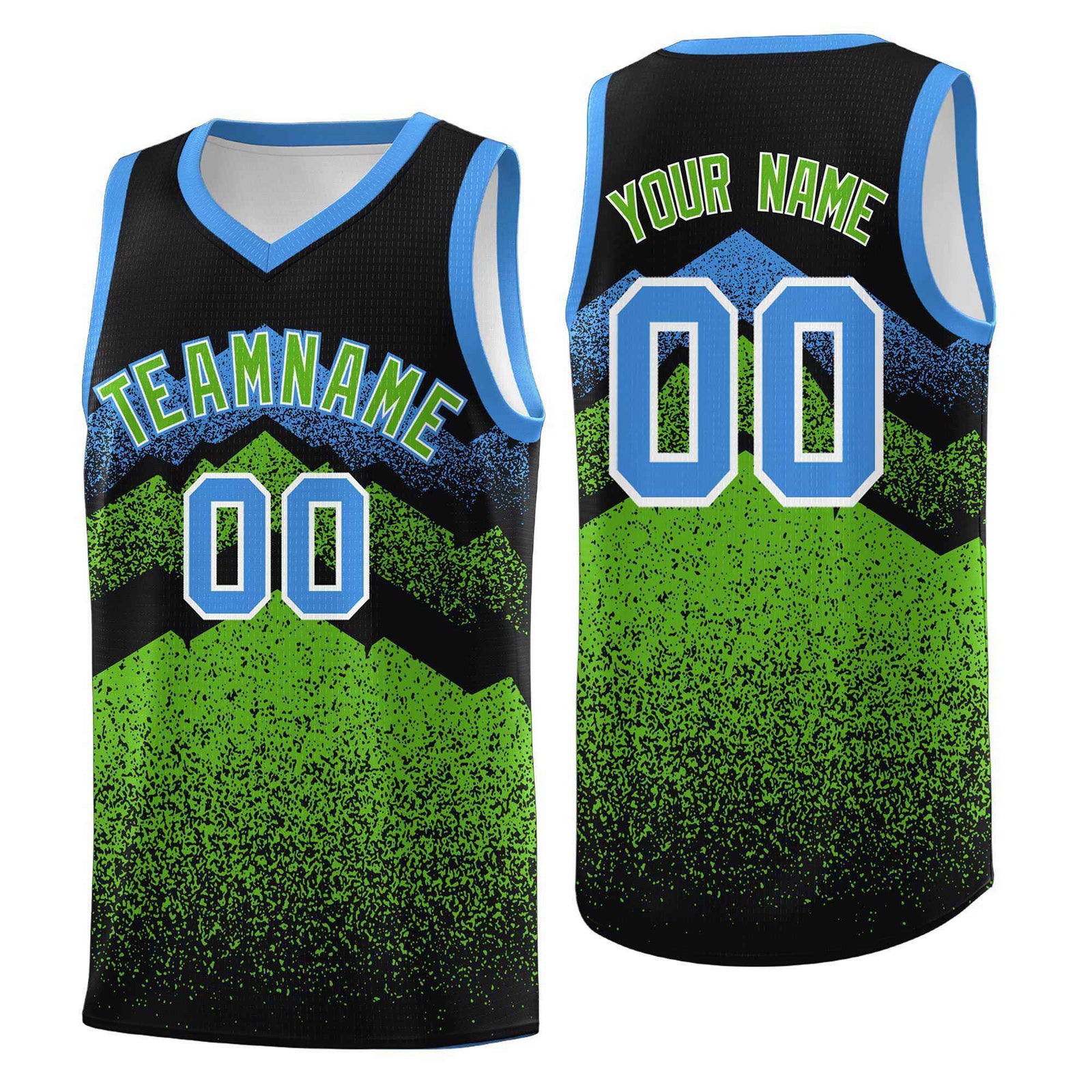 Personalized Youth Basketball Jerseys   Black Green Gradient Mountain Design Uniforms