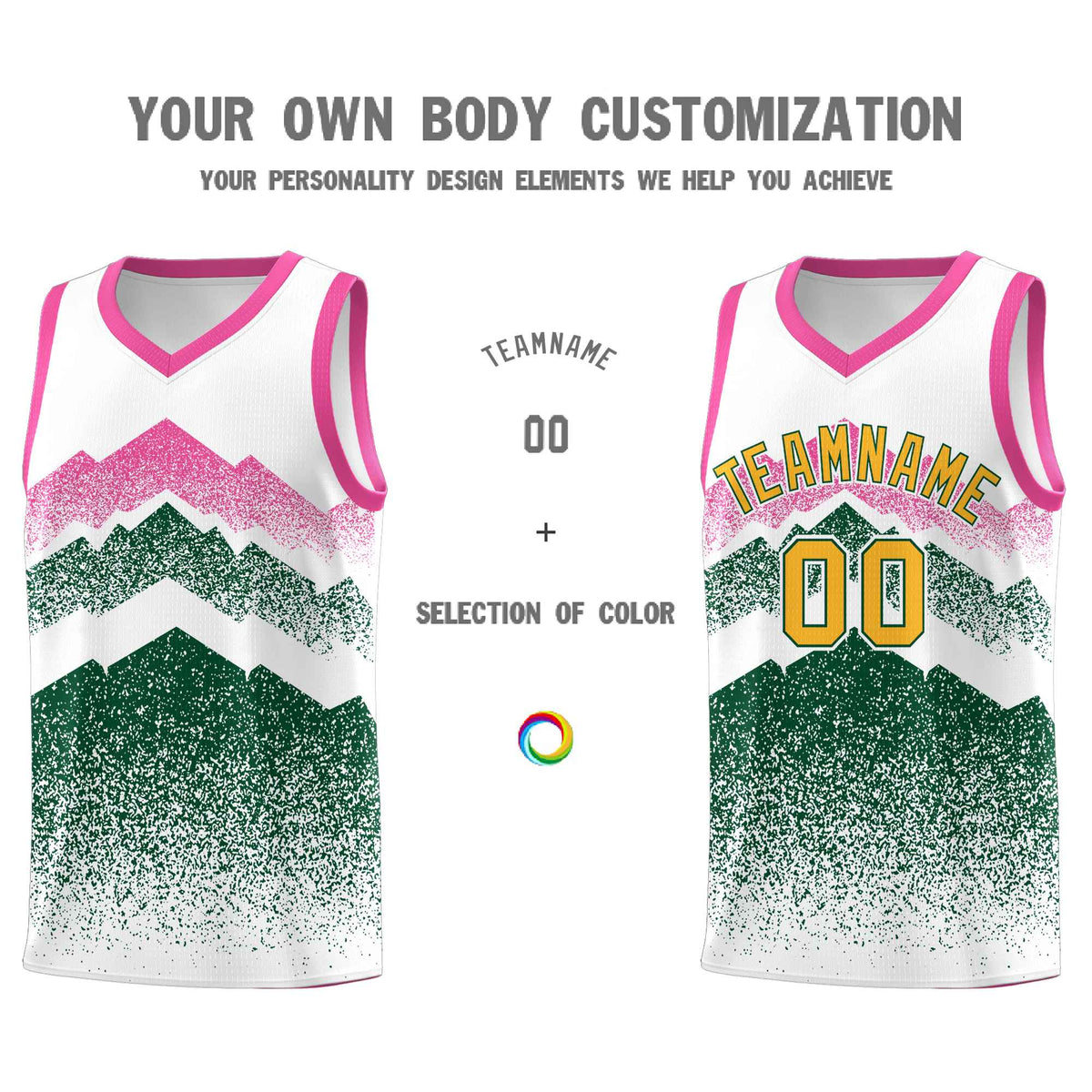 Custom Youth Basketball Jerseys White Green Gradient Mountain Design Uniforms