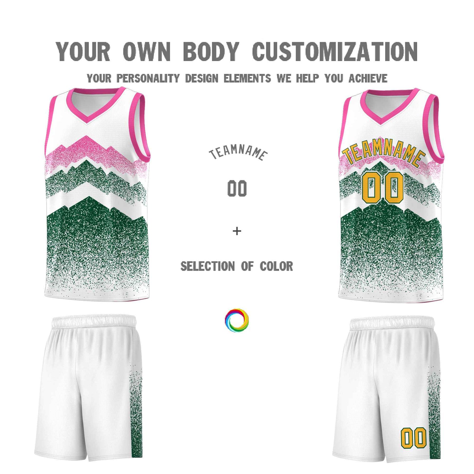 Custom Youth Basketball Jerseys White Green Gradient Mountain Design Uniforms