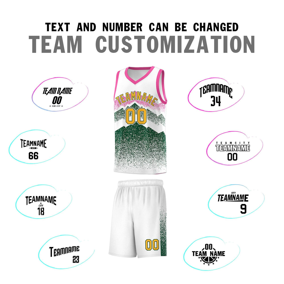Custom Youth Basketball Jerseys White Green Gradient Mountain Design Uniforms