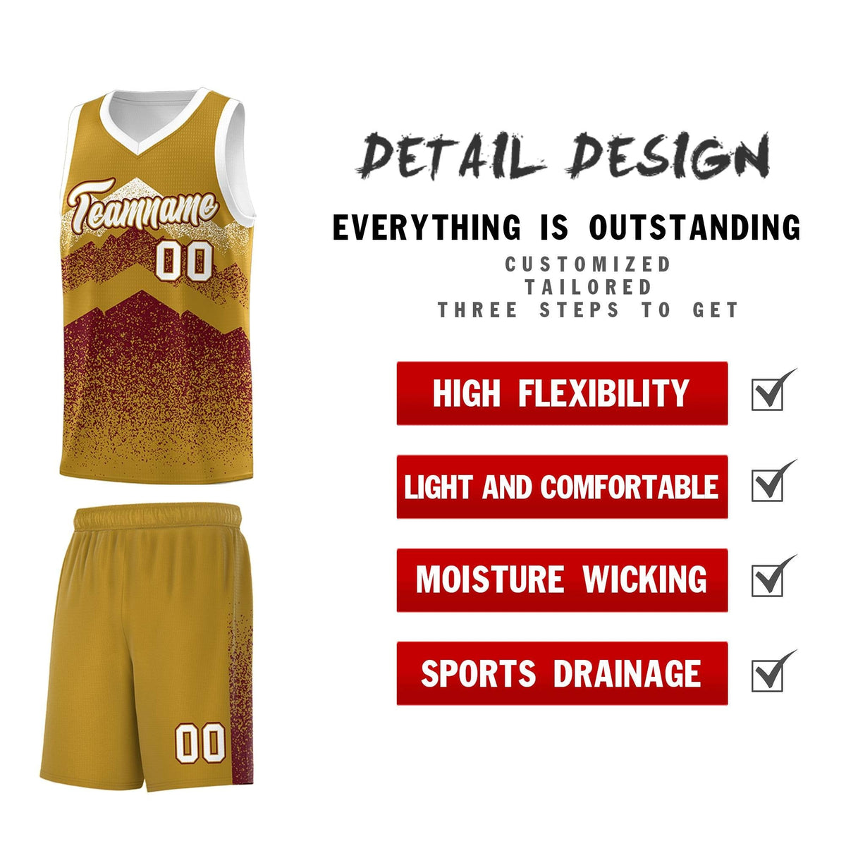 Custom Youth Basketball Jerseys Old Gold Crimson Gradient Mountain Design Uniforms