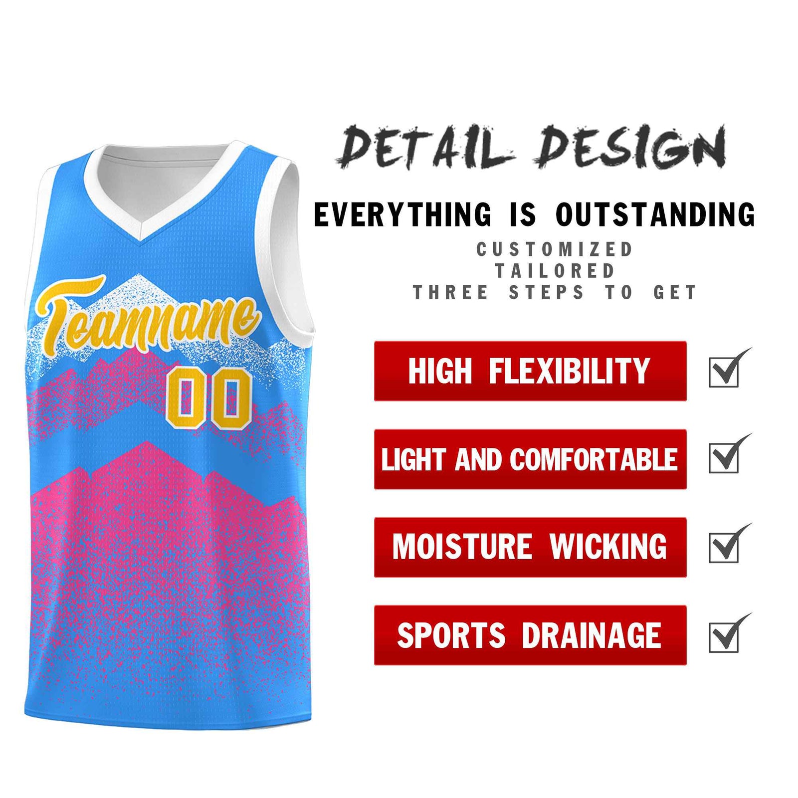 Custom Youth Basketball Jerseys Powder Blue Pink Gradient Mountain Design Uniforms