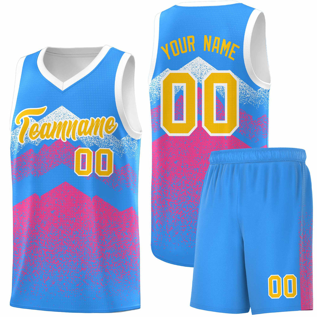 Custom Youth Basketball Jerseys Powder Blue Pink Gradient Mountain Design Uniforms