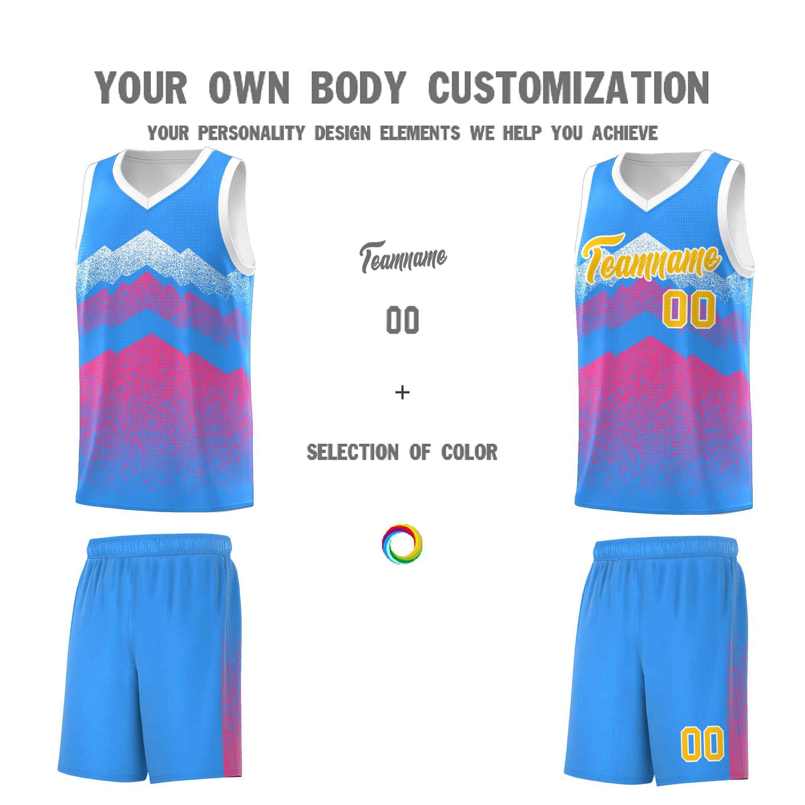 Custom Youth Basketball Jerseys Powder Blue Pink Gradient Mountain Design Uniforms