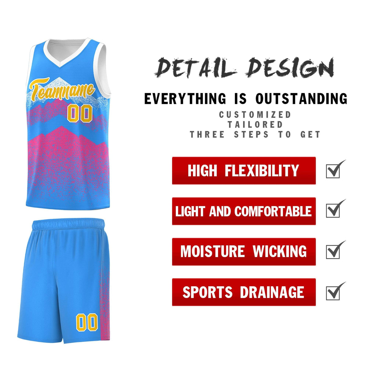 Custom Youth Basketball Jerseys Powder Blue Pink Gradient Mountain Design Uniforms