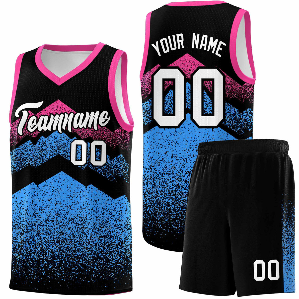 Custom Youth Basketball Jerseys Black Powder Blue Gradient Mountain Design Uniforms