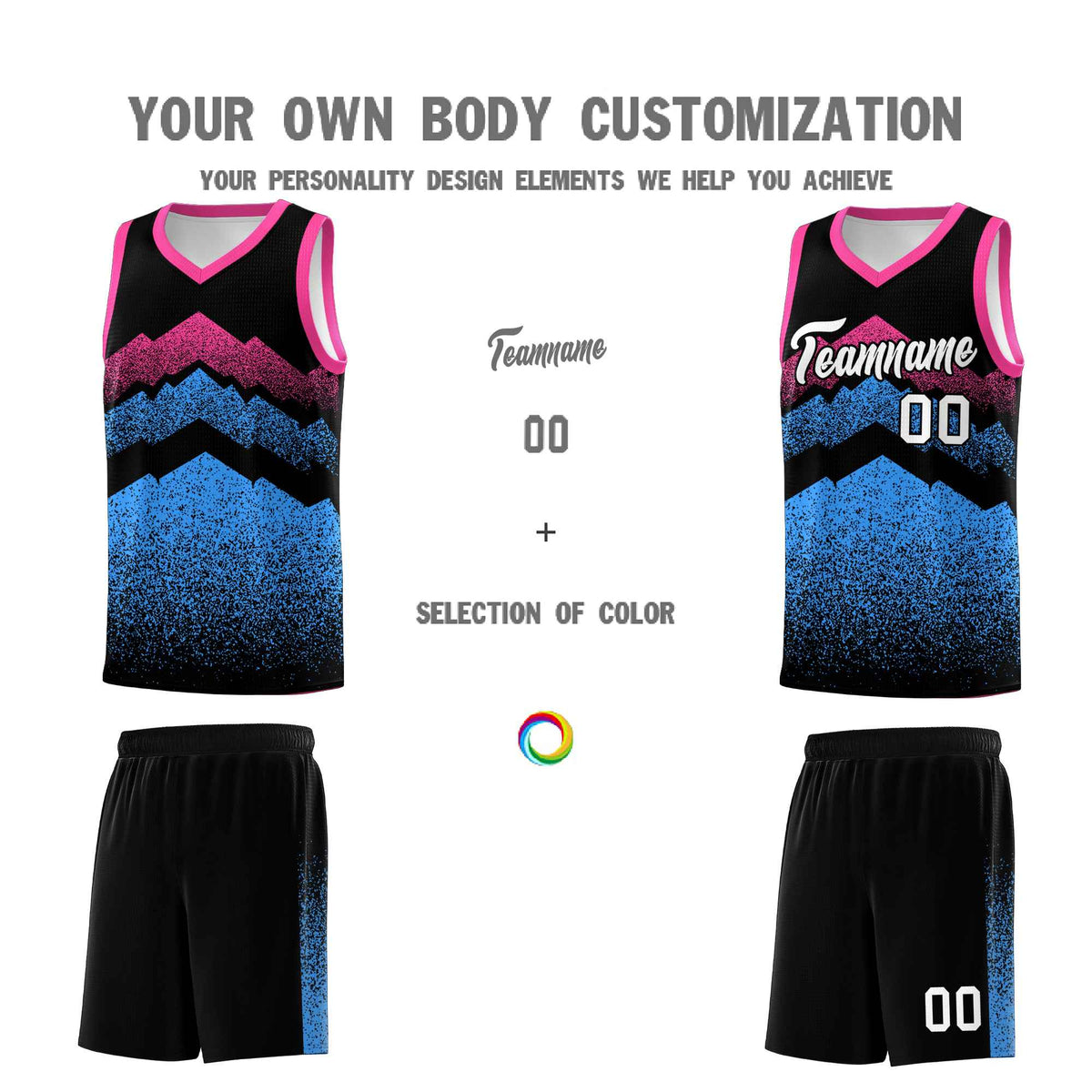 Custom Youth Basketball Jerseys Black Powder Blue Gradient Mountain Design Uniforms