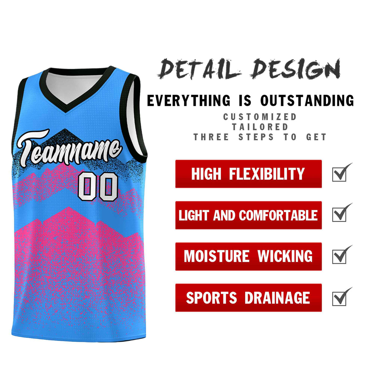 Custom Youth Basketball Jerseys Powder Blue Pink Gradient Mountain Design Uniforms