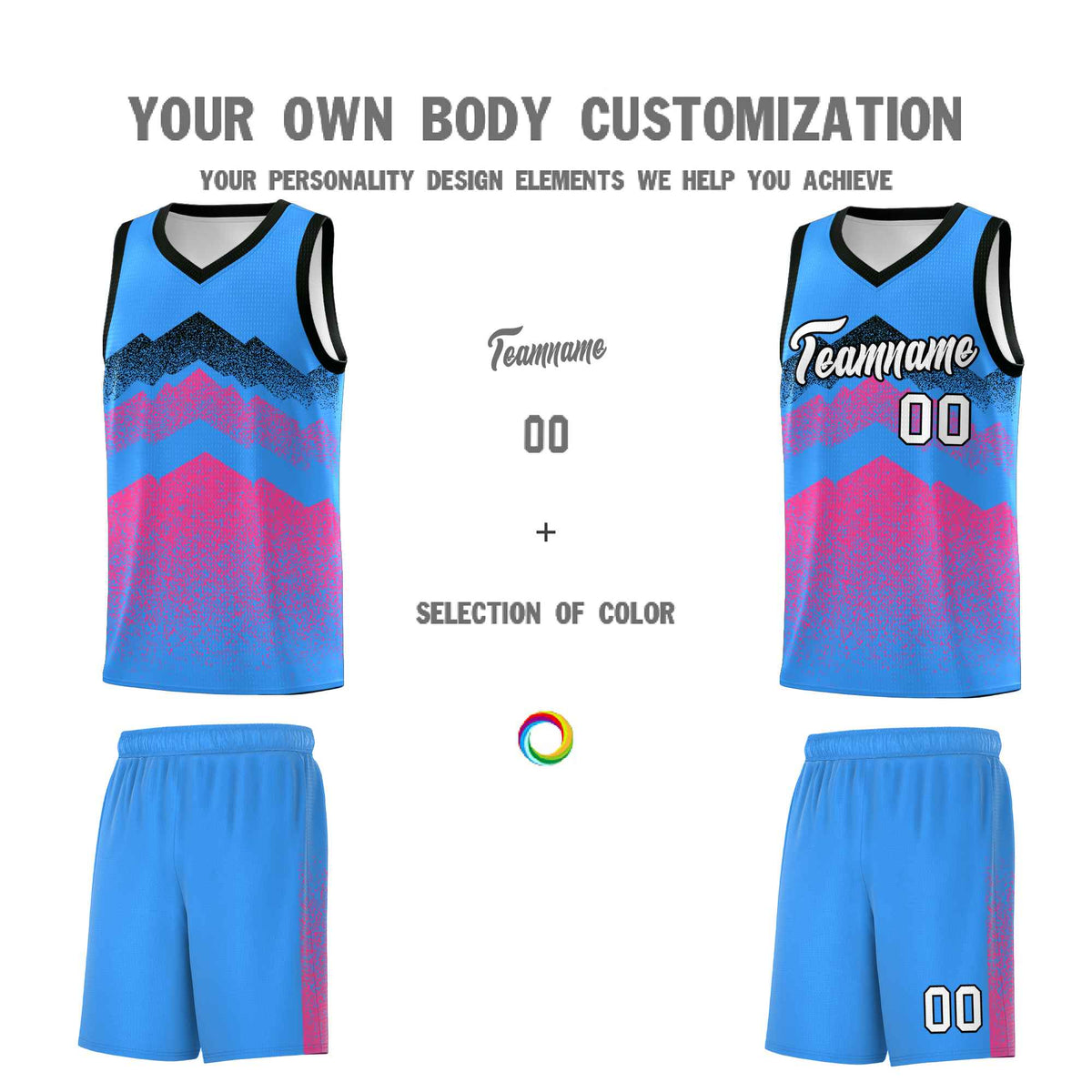 Custom Youth Basketball Jerseys Powder Blue Pink Gradient Mountain Design Uniforms