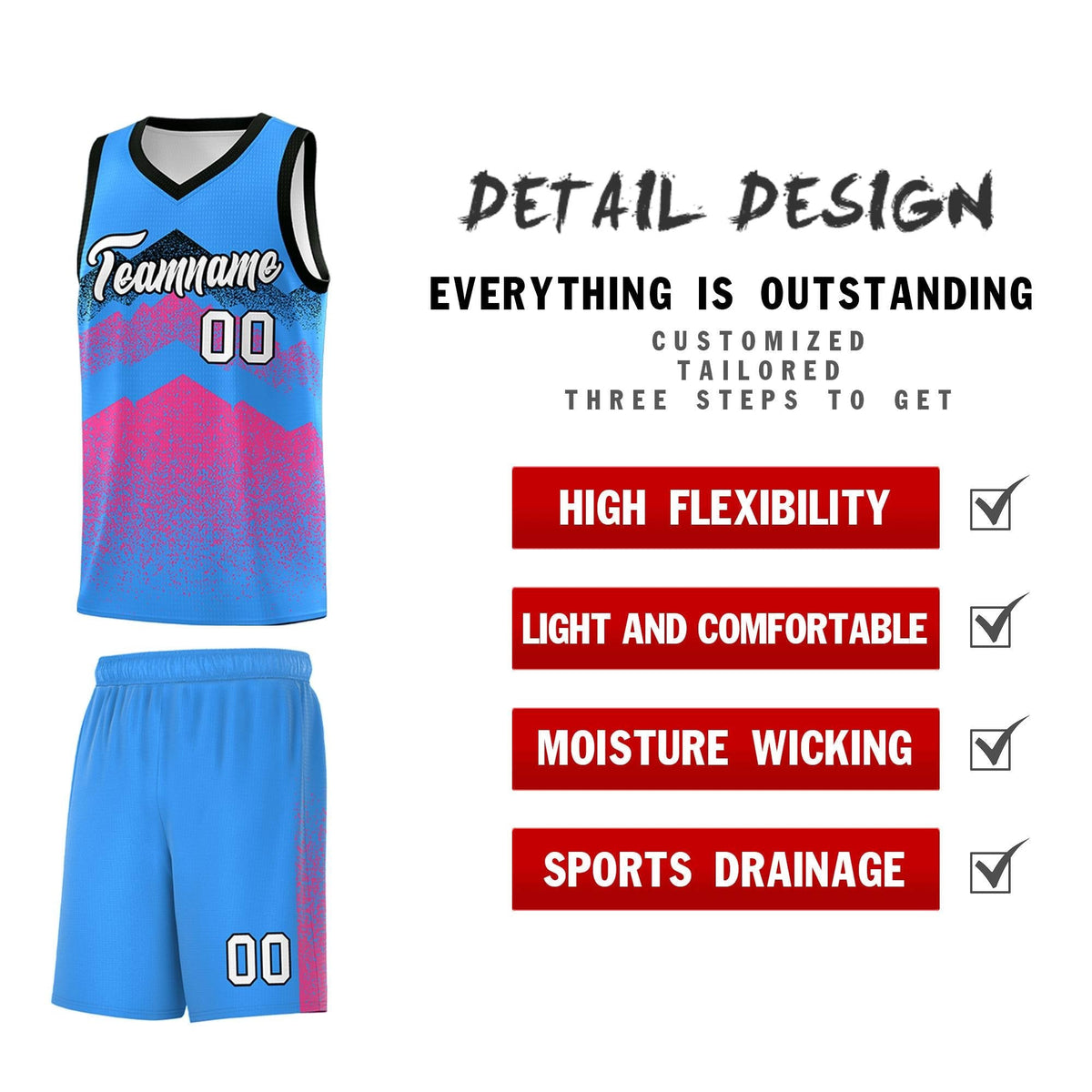Custom Youth Basketball Jerseys Powder Blue Pink Gradient Mountain Design Uniforms