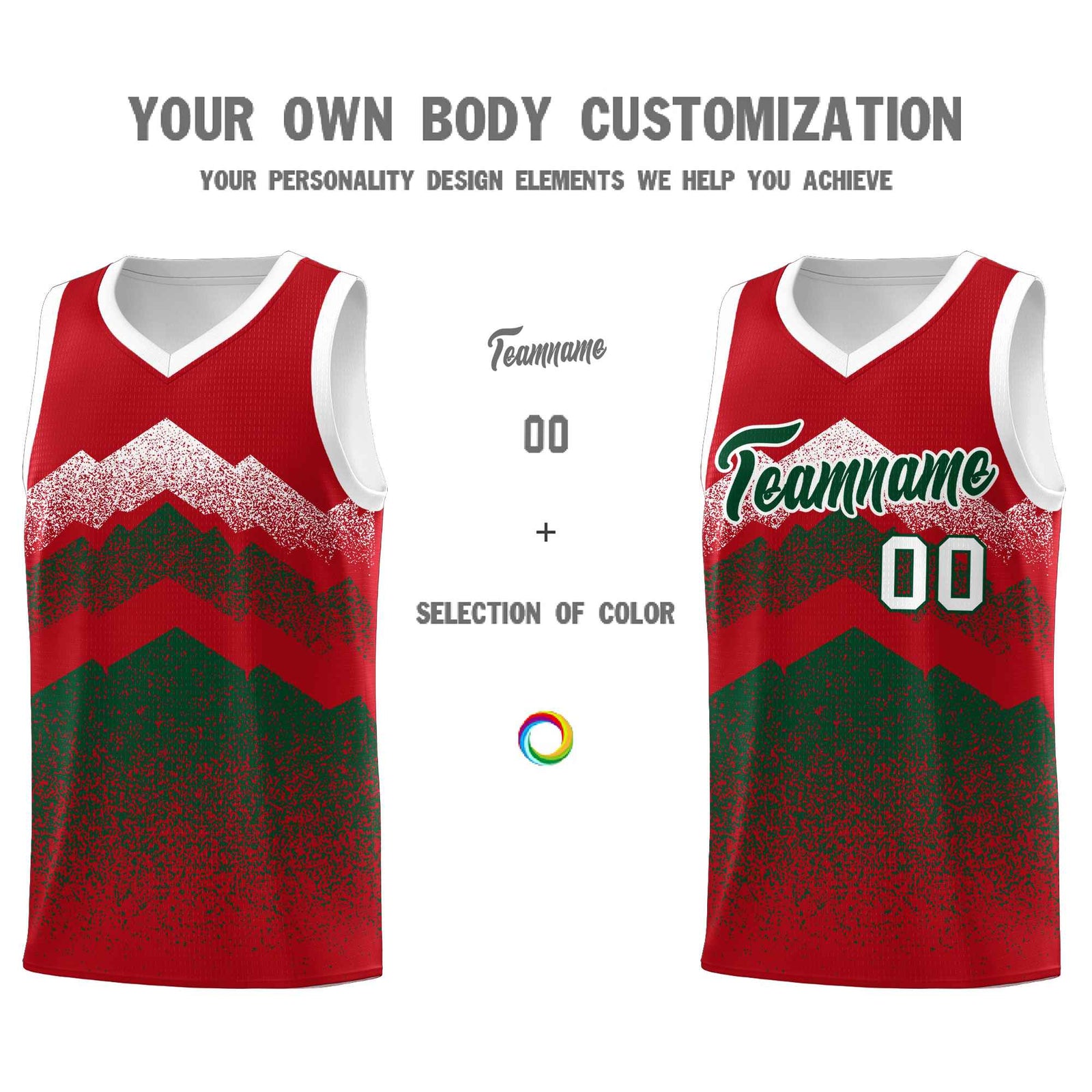 Custom Youth Basketball Jerseys Red Green Gradient Mountain Design Uniforms
