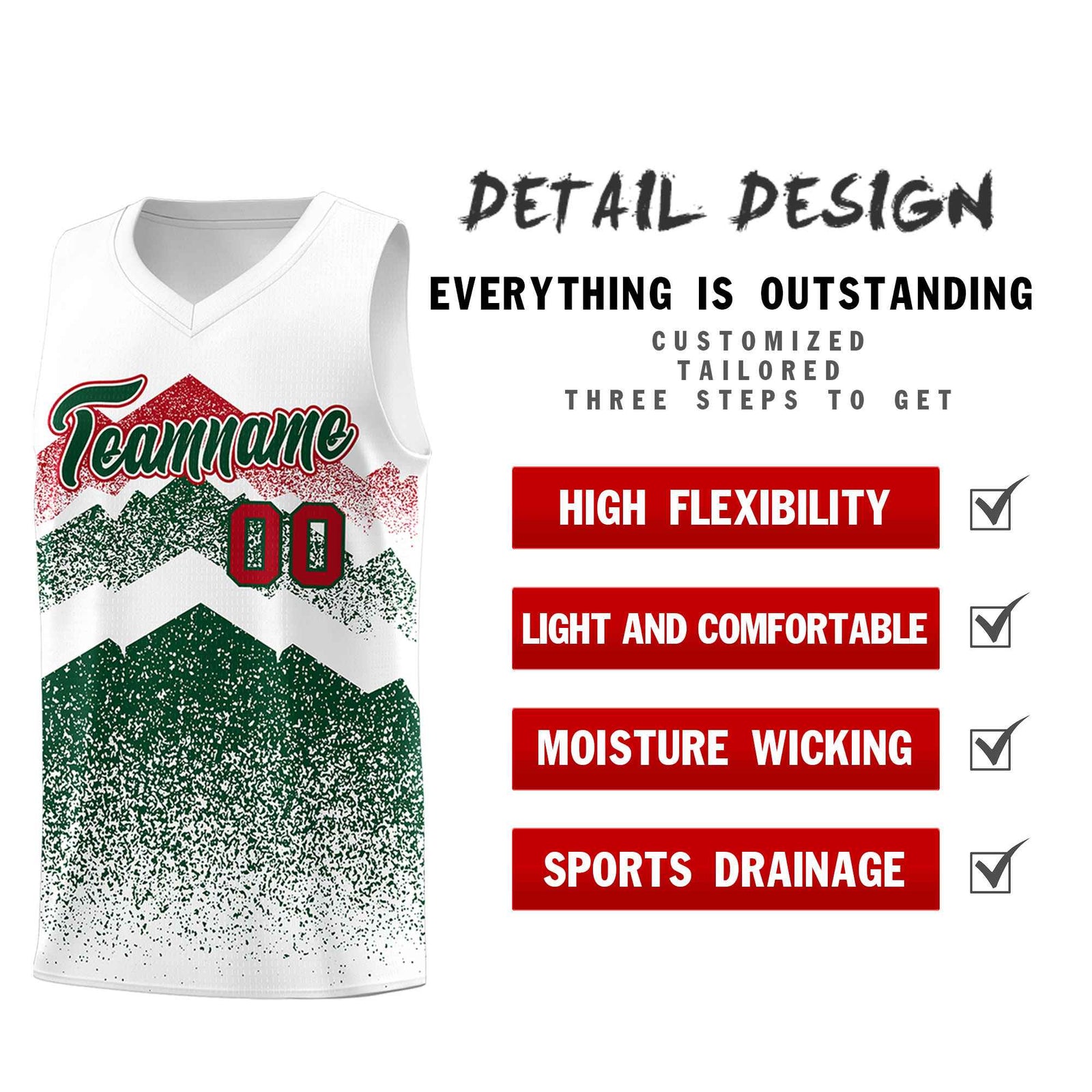 Custom Youth Basketball Jerseys White Green Gradient Mountain Design Uniforms