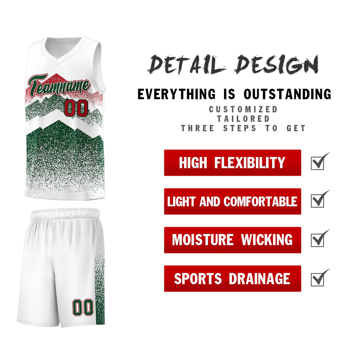 Custom Youth Basketball Jerseys White Green Gradient Mountain Design Uniforms
