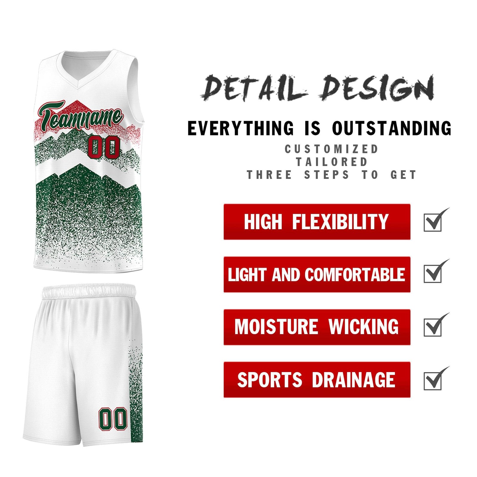 Custom Youth Basketball Jerseys White Green Gradient Mountain Design Uniforms