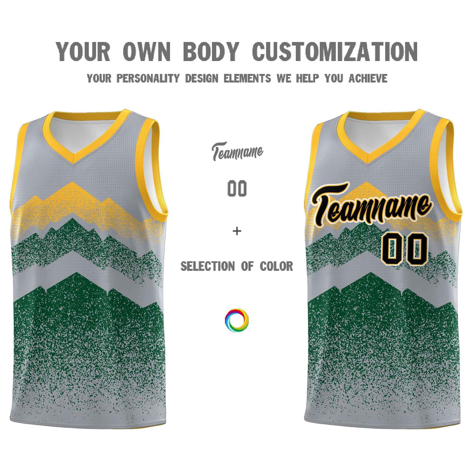 Personalized Youth Basketball Jerseys   Gray Green Gradient Mountain Design Uniforms