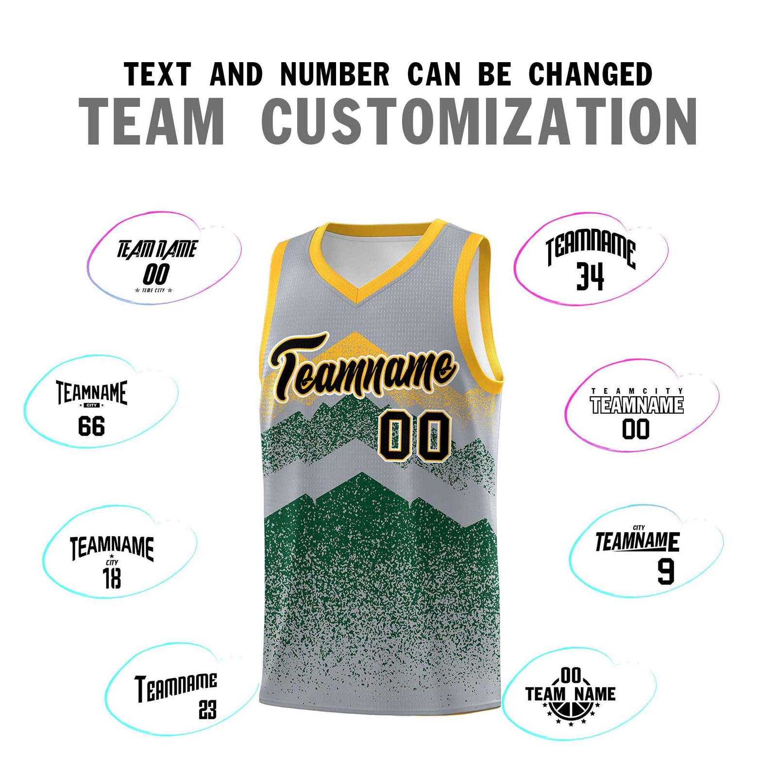 Personalized Youth Basketball Jerseys   Gray Green Gradient Mountain Design Uniforms