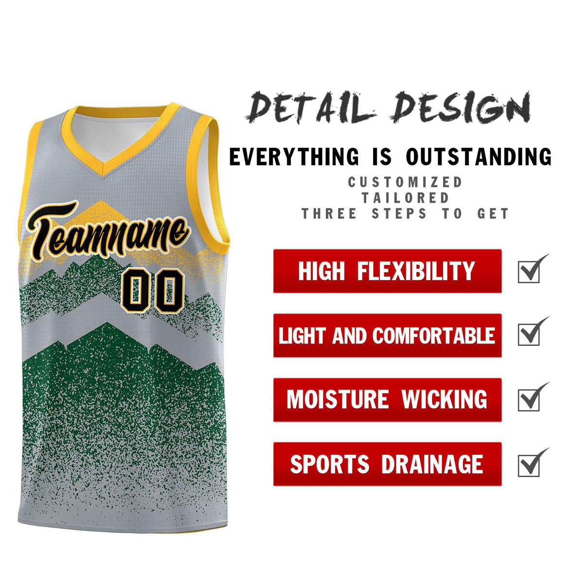 Personalized Youth Basketball Jerseys   Gray Green Gradient Mountain Design Uniforms