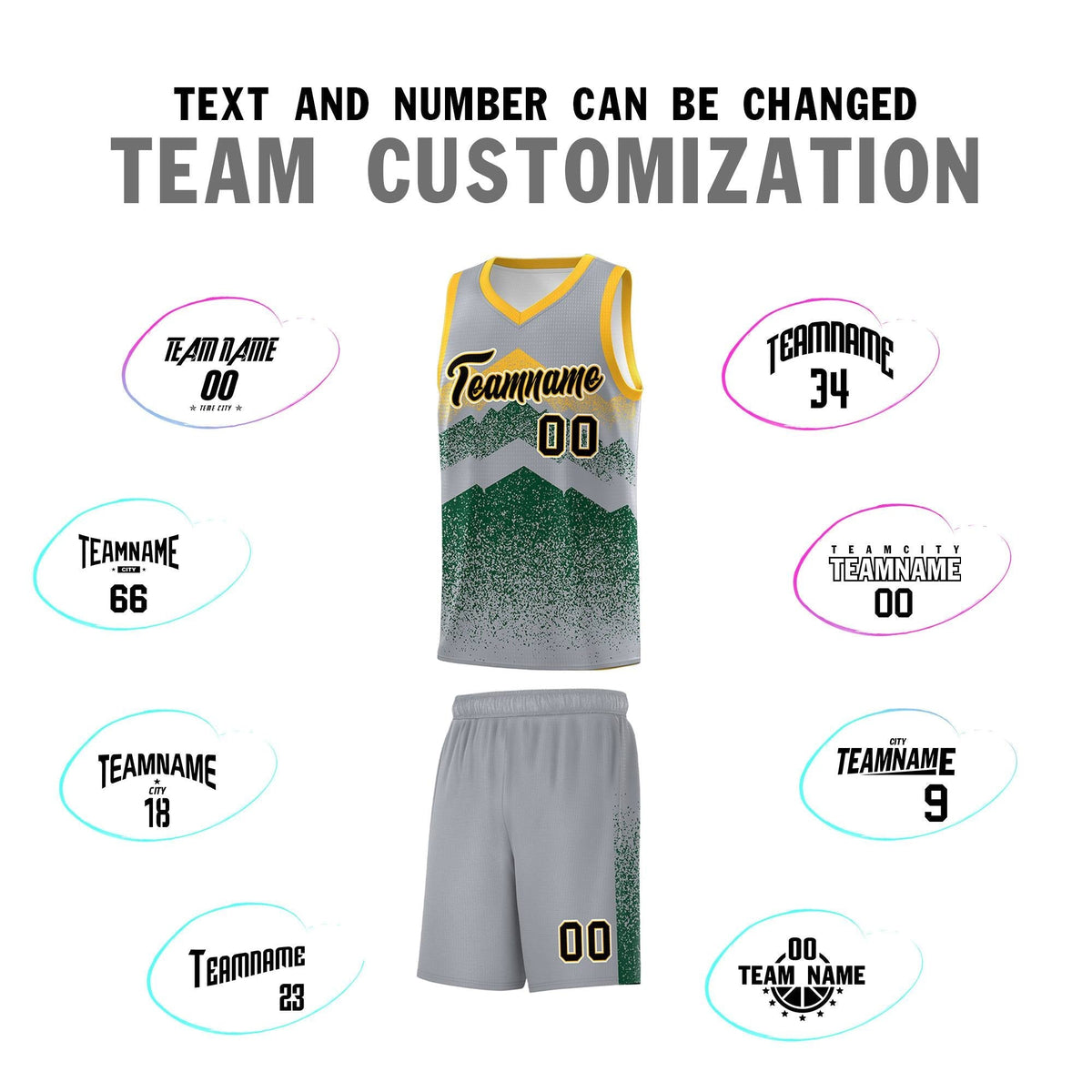 Personalized Youth Basketball Jerseys   Gray Green Gradient Mountain Design Uniforms