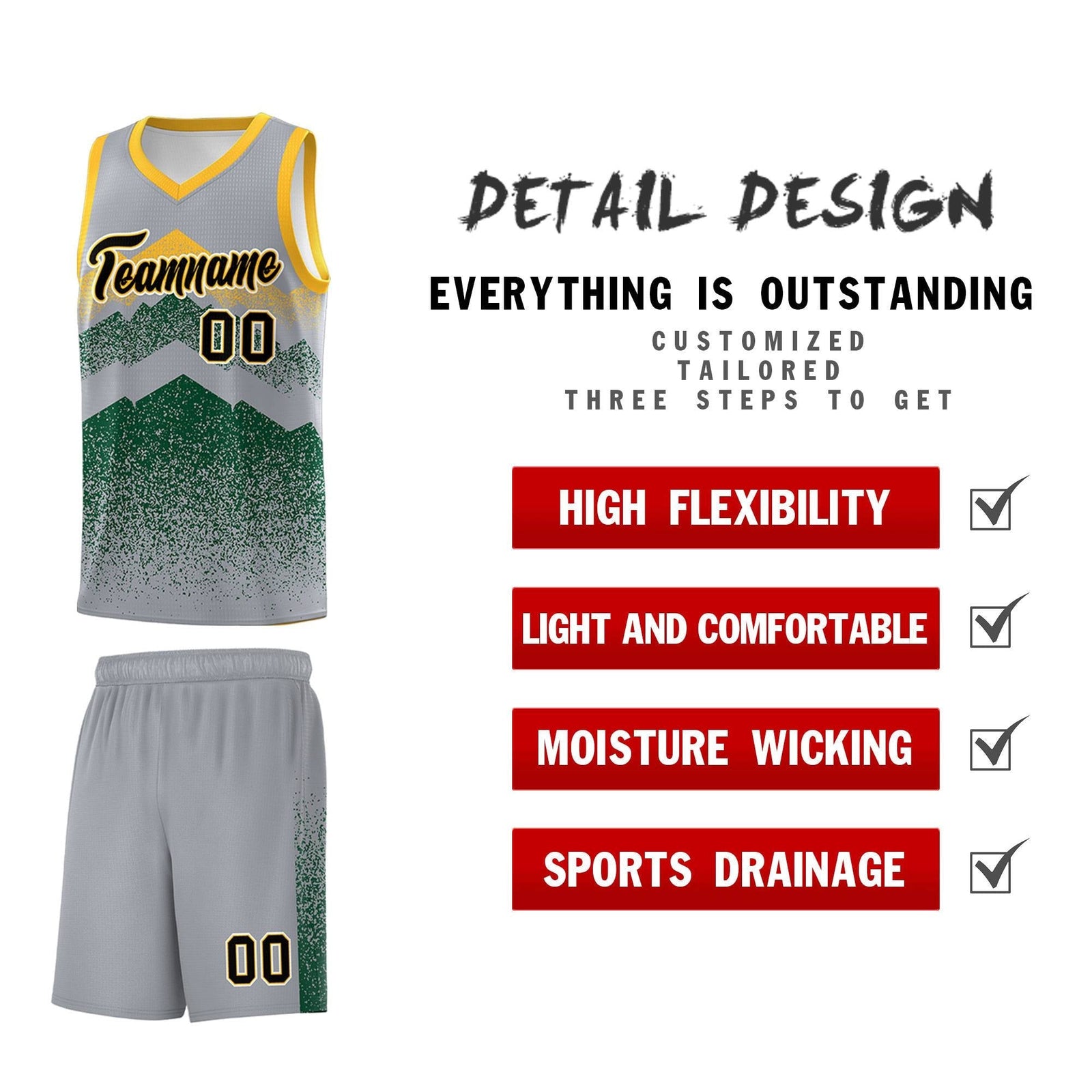Personalized Youth Basketball Jerseys   Gray Green Gradient Mountain Design Uniforms