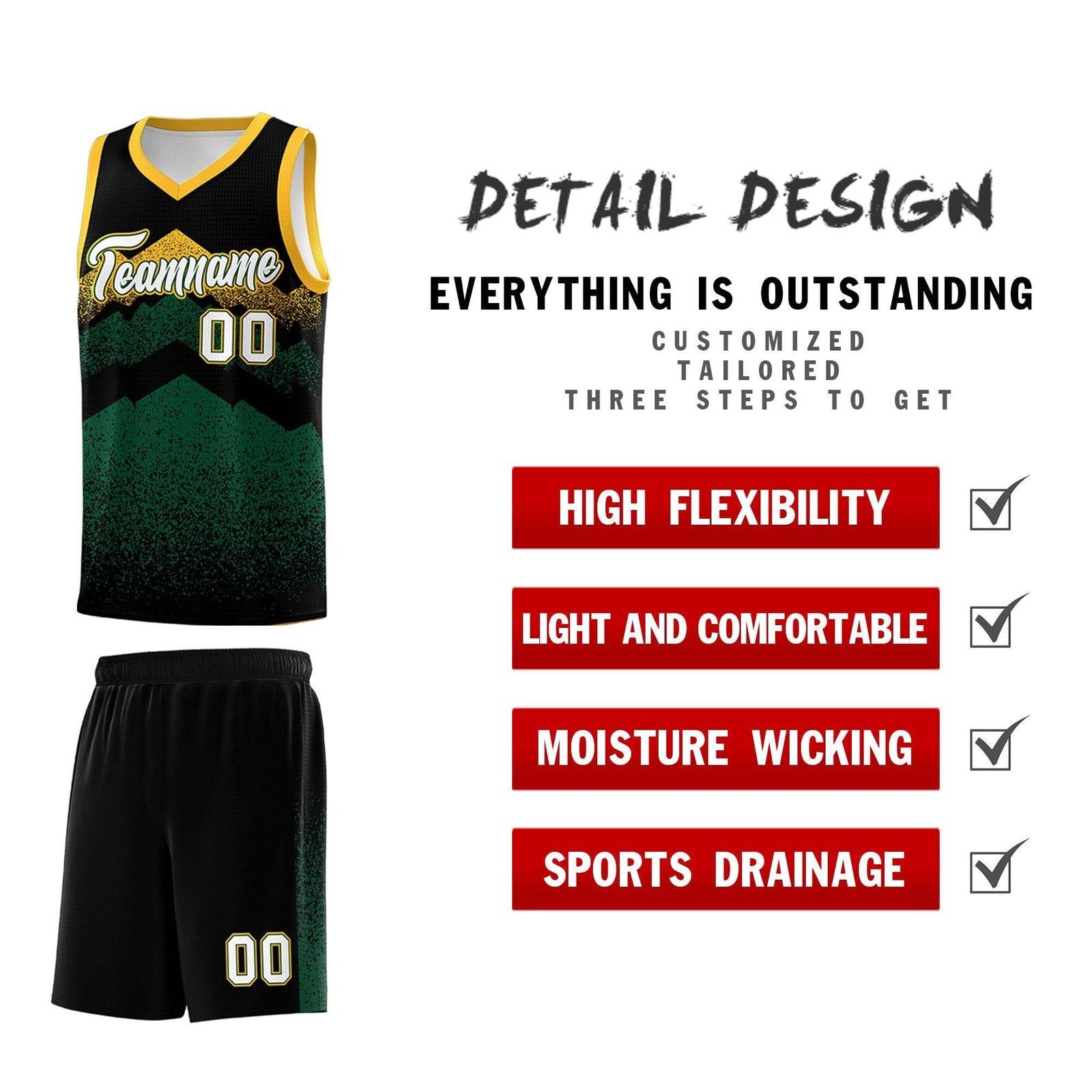 Custom Youth Basketball Jerseys Black Green Gradient Mountain Design Uniforms