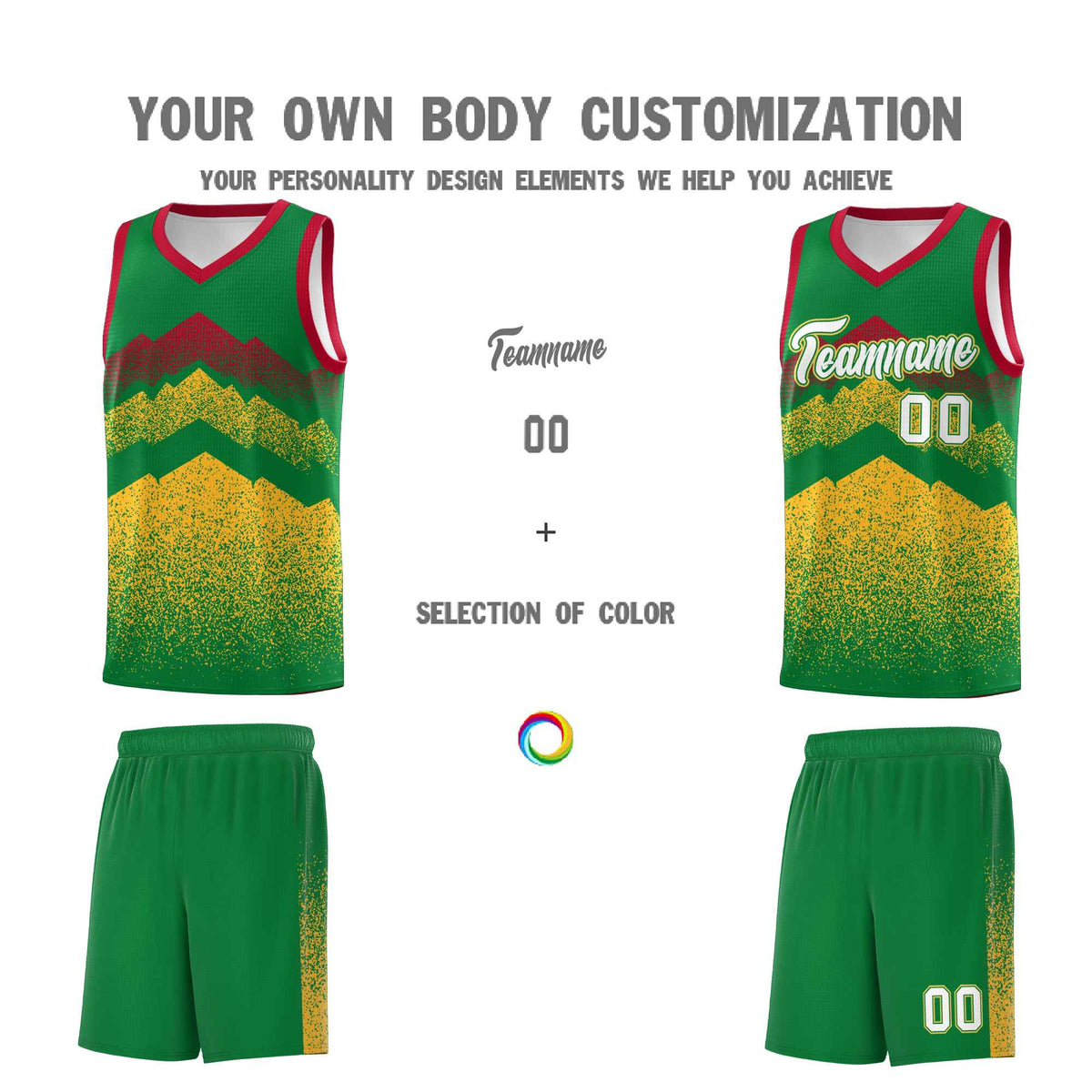 Custom Youth Basketball Jerseys Kelly Green Gold Gradient Mountain Design Uniforms