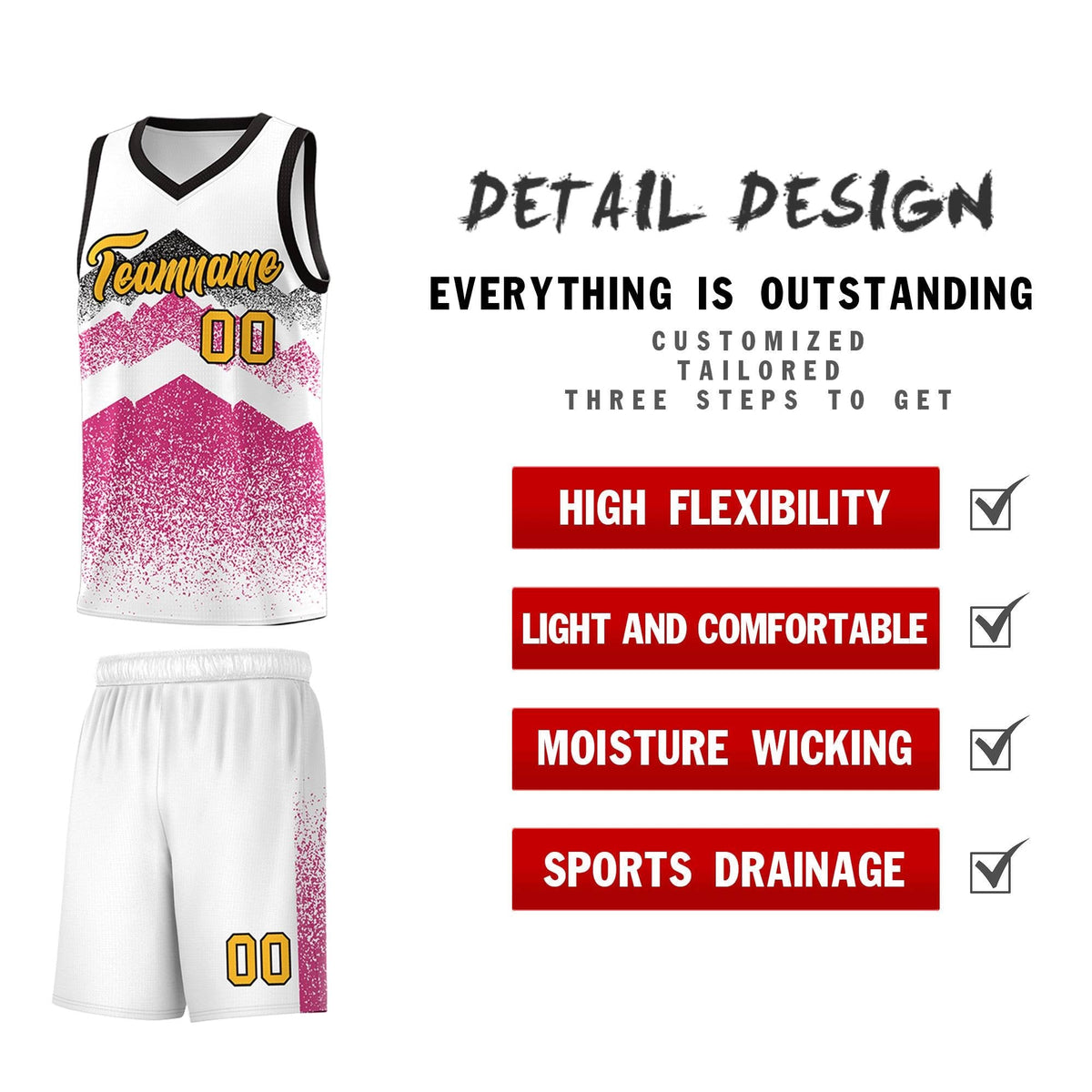 Personalized Youth Basketball Jerseys   White Rose Red Gradient Mountain Design Uniforms