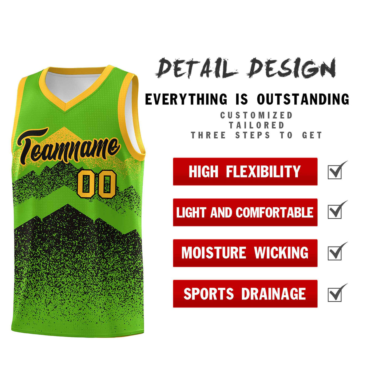 Custom Youth Basketball Jerseys Green Black Gradient Mountain Design Uniforms