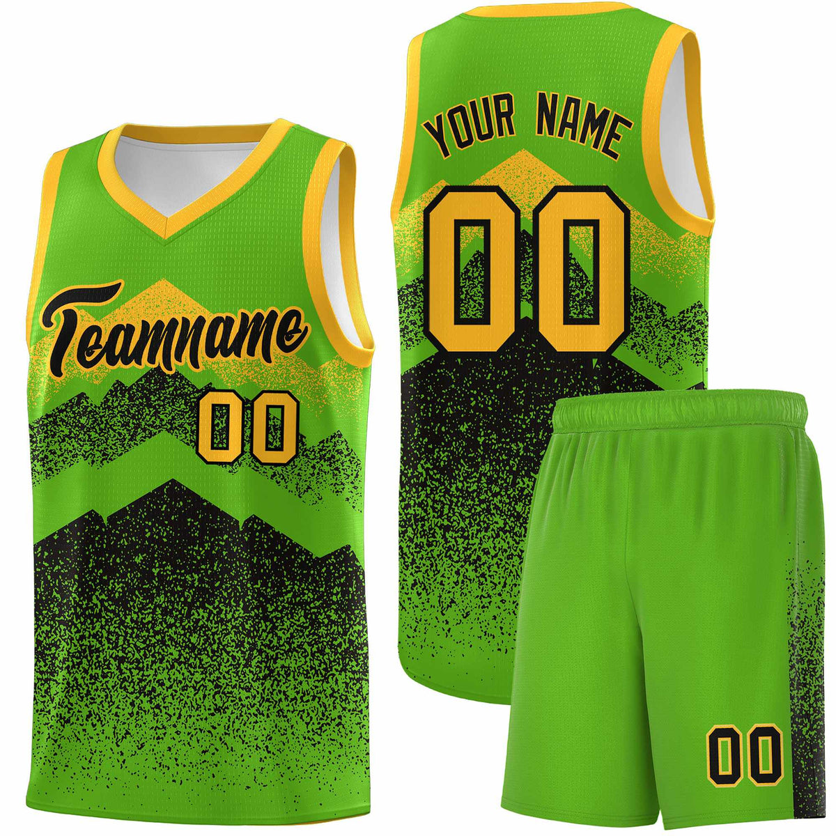Custom Youth Basketball Jerseys Green Black Gradient Mountain Design Uniforms