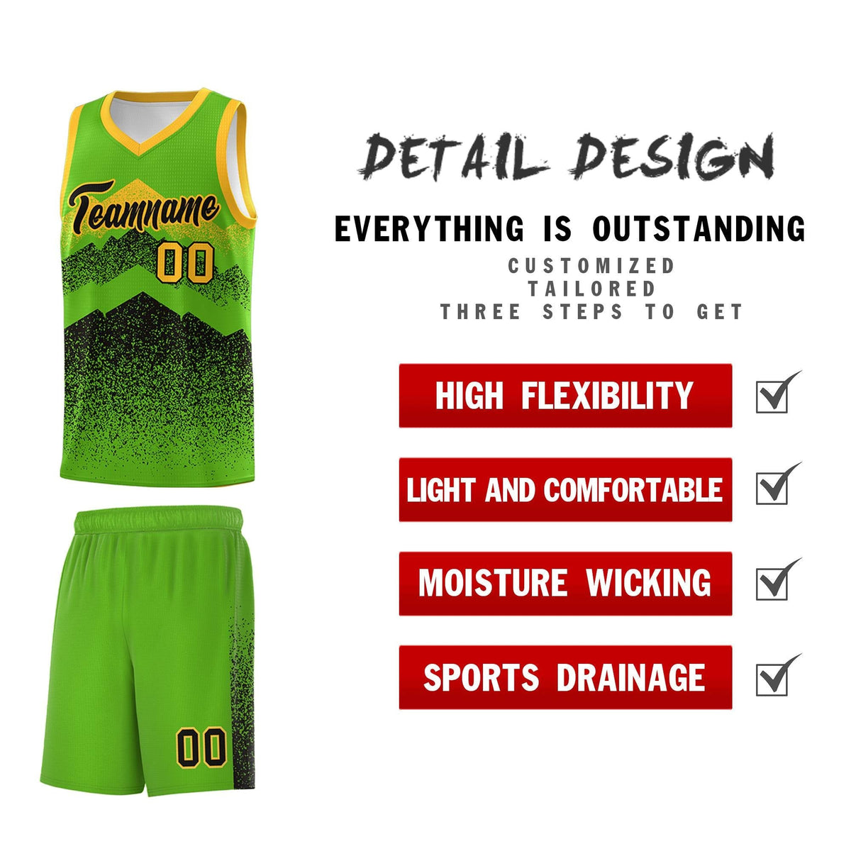 Custom Youth Basketball Jerseys Green Black Gradient Mountain Design Uniforms