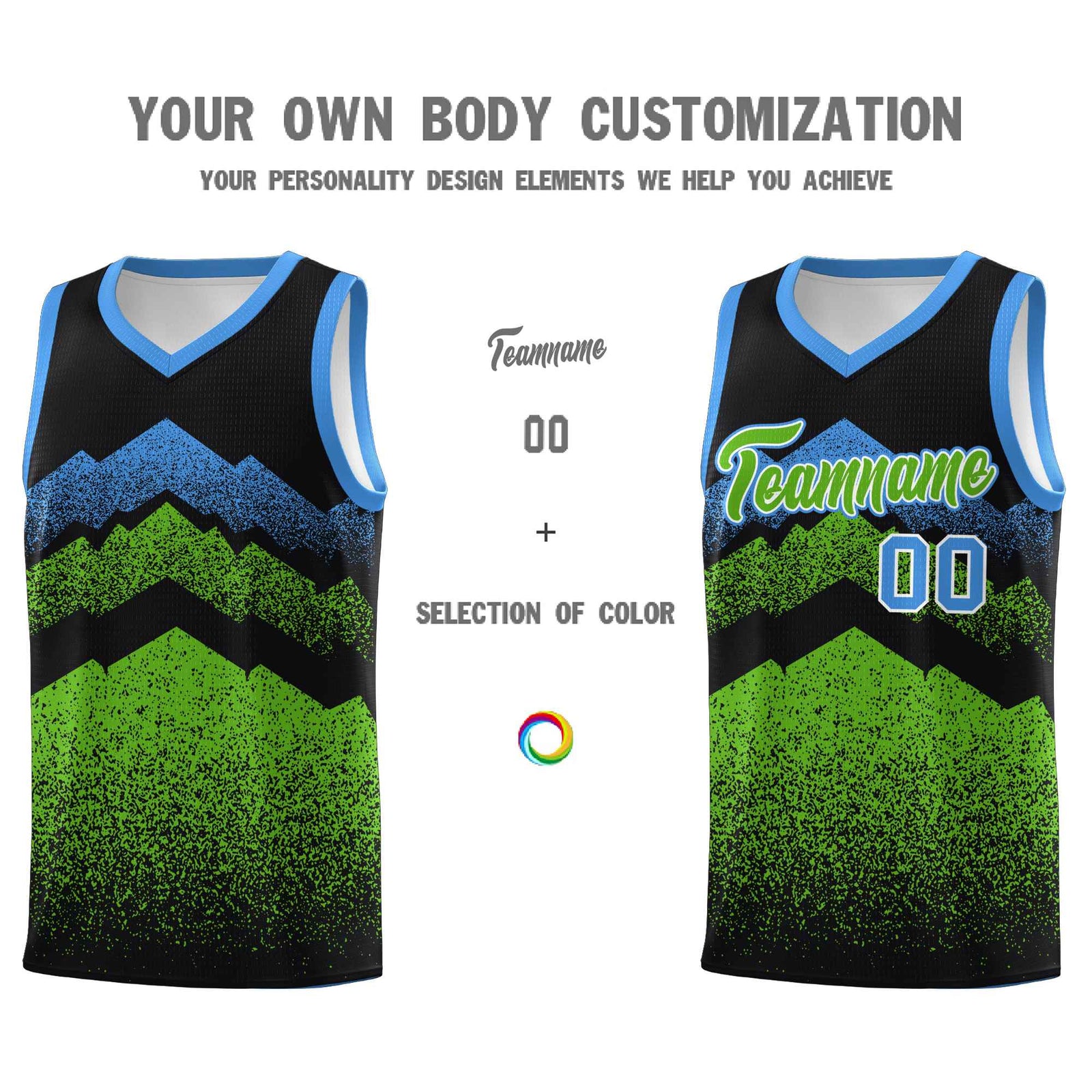Personalized Youth Basketball Jerseys   Black Green Gradient Mountain Design Uniforms