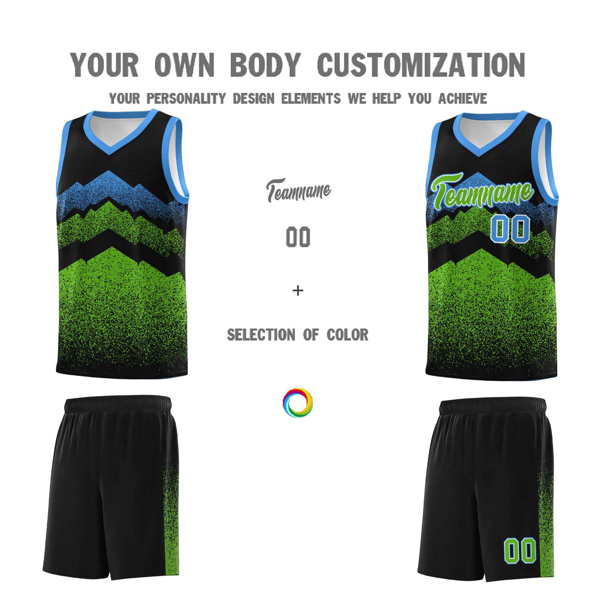 Personalized Youth Basketball Jerseys   Black Green Gradient Mountain Design Uniforms