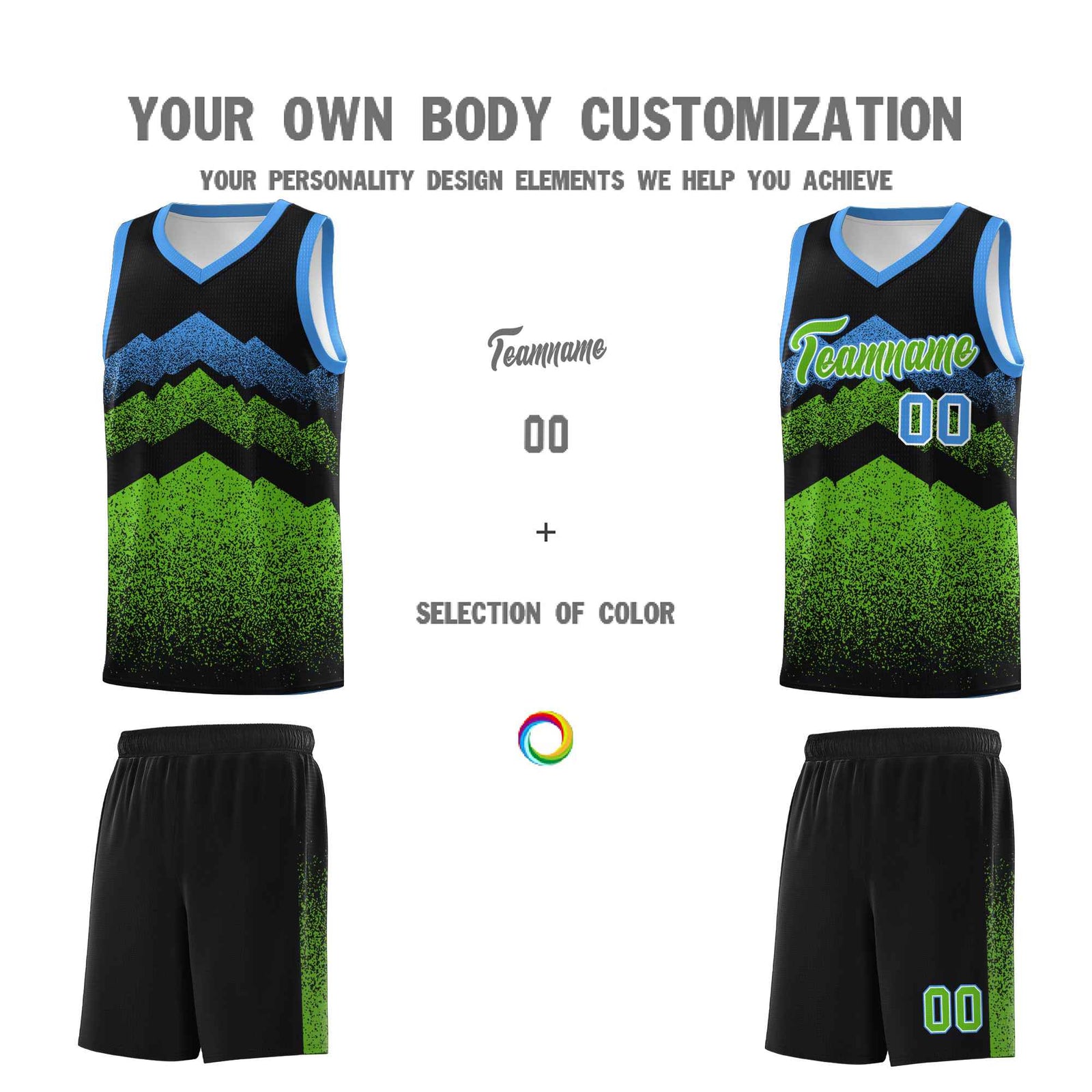 Personalized Youth Basketball Jerseys   Black Green Gradient Mountain Design Uniforms