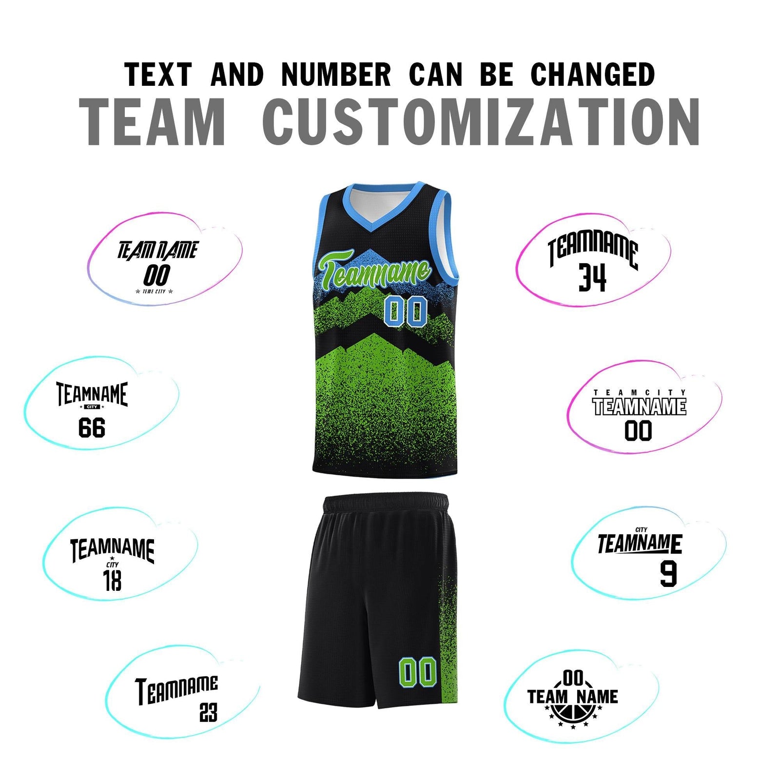 Personalized Youth Basketball Jerseys   Black Green Gradient Mountain Design Uniforms