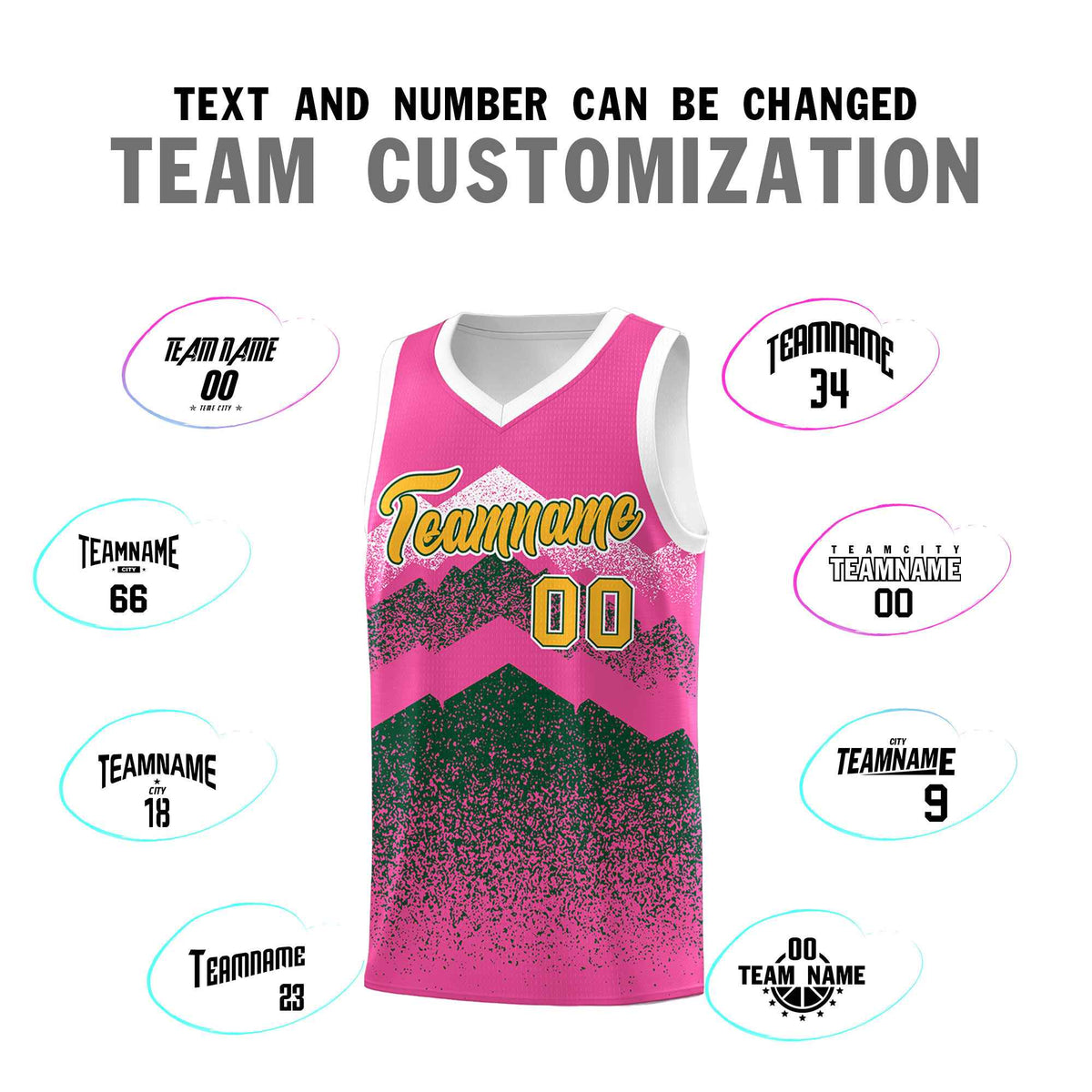 Personalized Youth Basketball Jerseys   Pink Green Gradient Mountain Design Uniforms