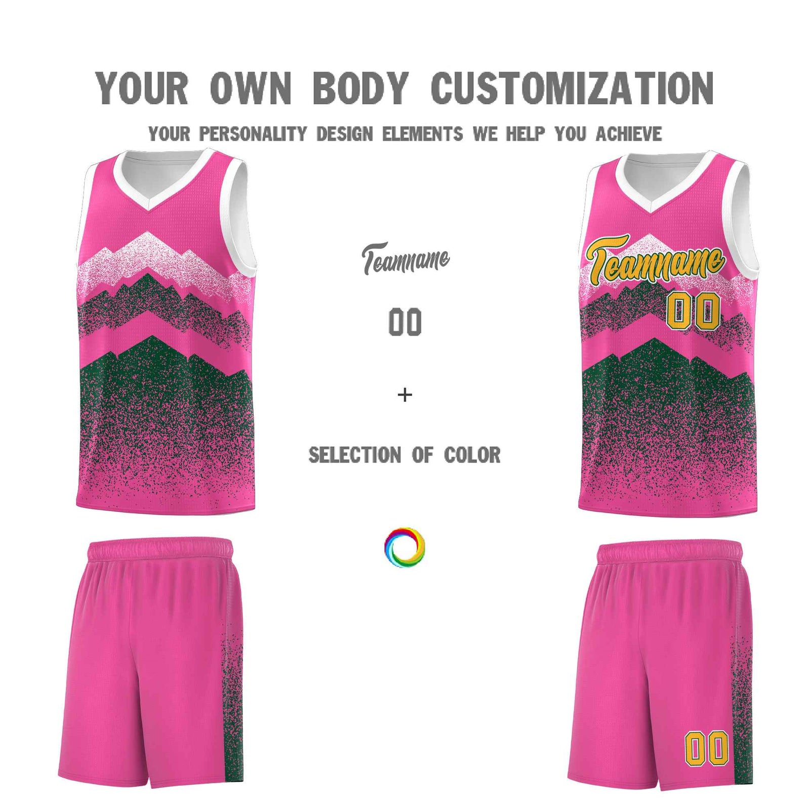 Personalized Youth Basketball Jerseys   Pink Green Gradient Mountain Design Uniforms