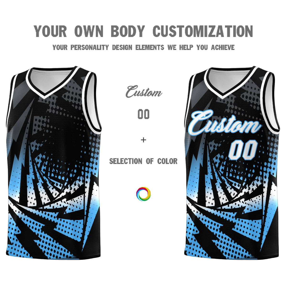 Custom Youth Basketball Jerseys Black Powder Blue Lightning Design Halftone Personalized Uniforms