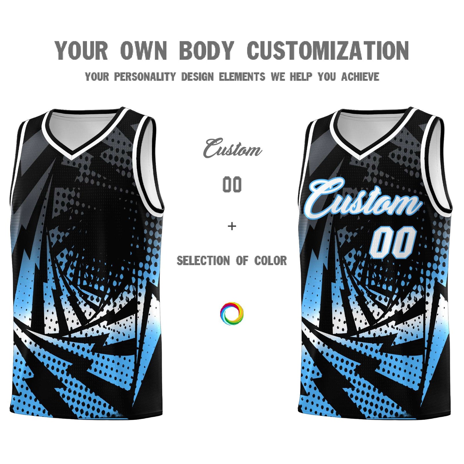 Custom Youth Basketball Jerseys Black Powder Blue Lightning Design Halftone Personalized Uniforms