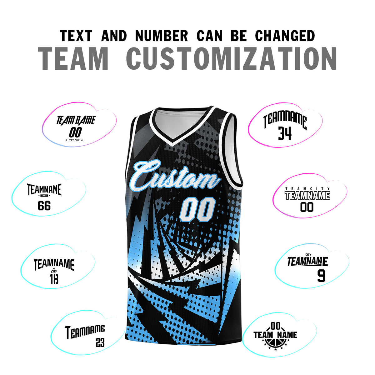 Custom Youth Basketball Jerseys Black Powder Blue Lightning Design Halftone Personalized Uniforms