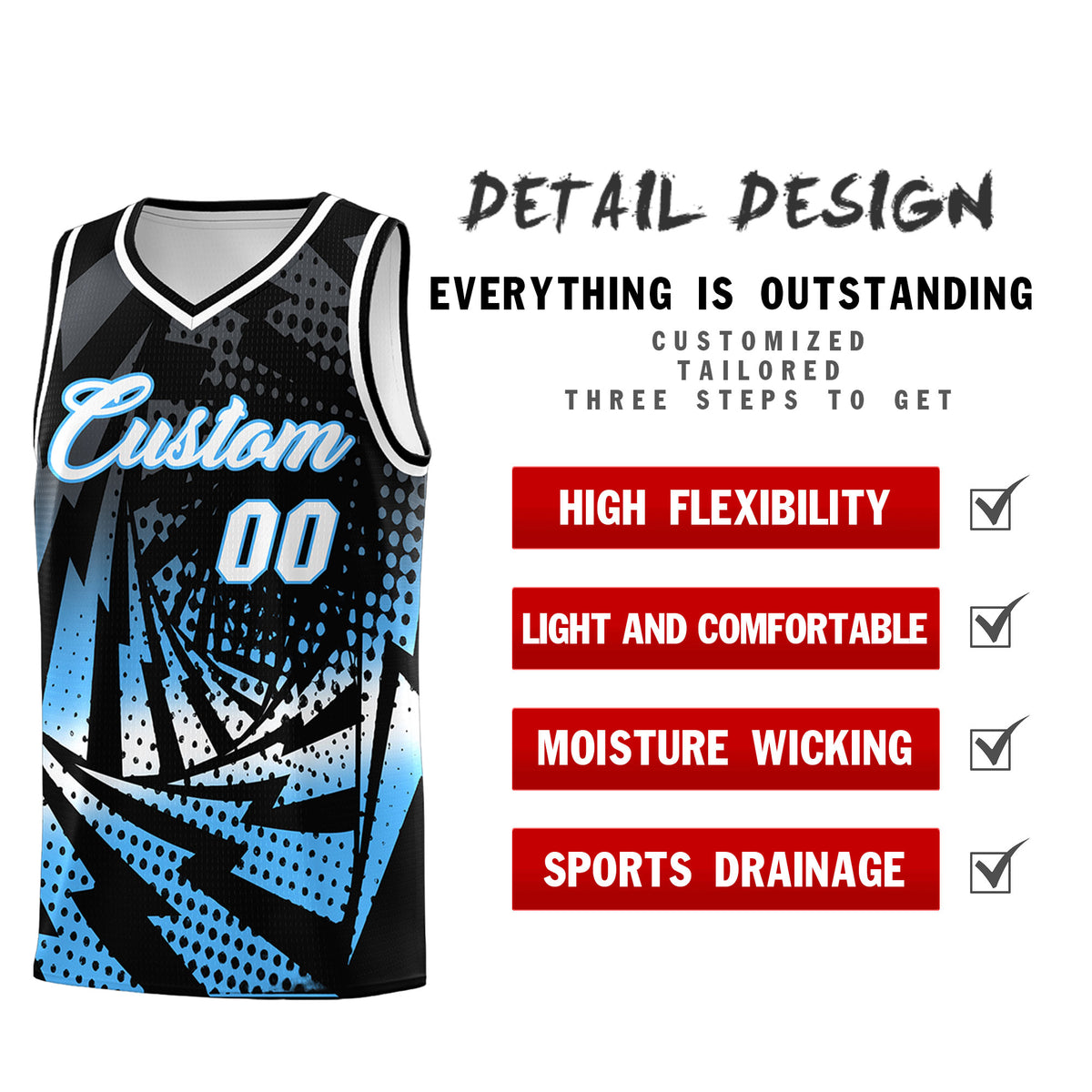 Custom Youth Basketball Jerseys Black Powder Blue Lightning Design Halftone Personalized Uniforms