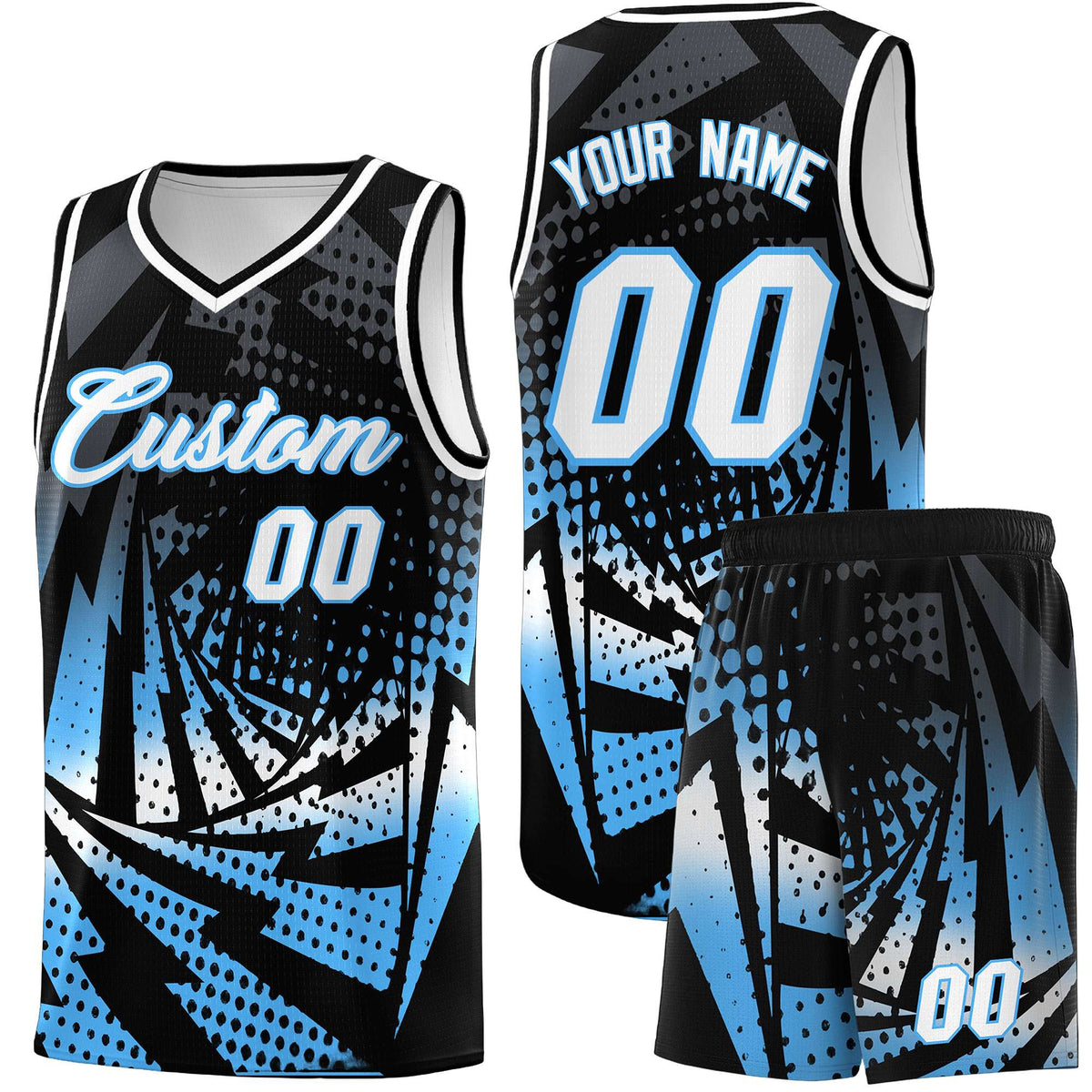 Custom Youth Basketball Jerseys Black Powder Blue Lightning Design Halftone Personalized Uniforms