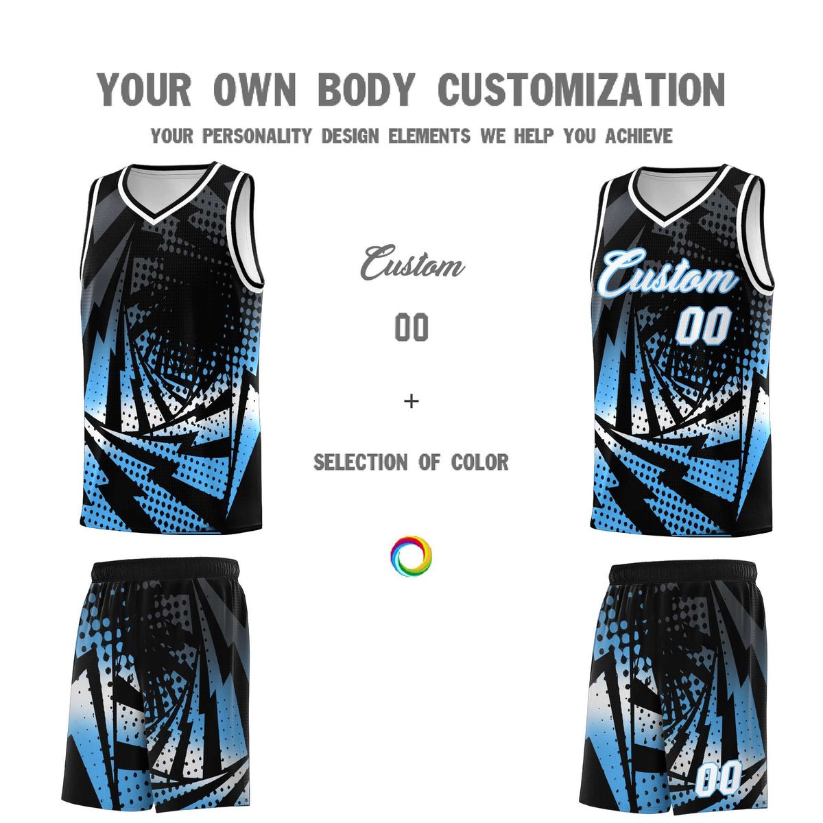 Custom Youth Basketball Jerseys Black Powder Blue Lightning Design Halftone Personalized Uniforms